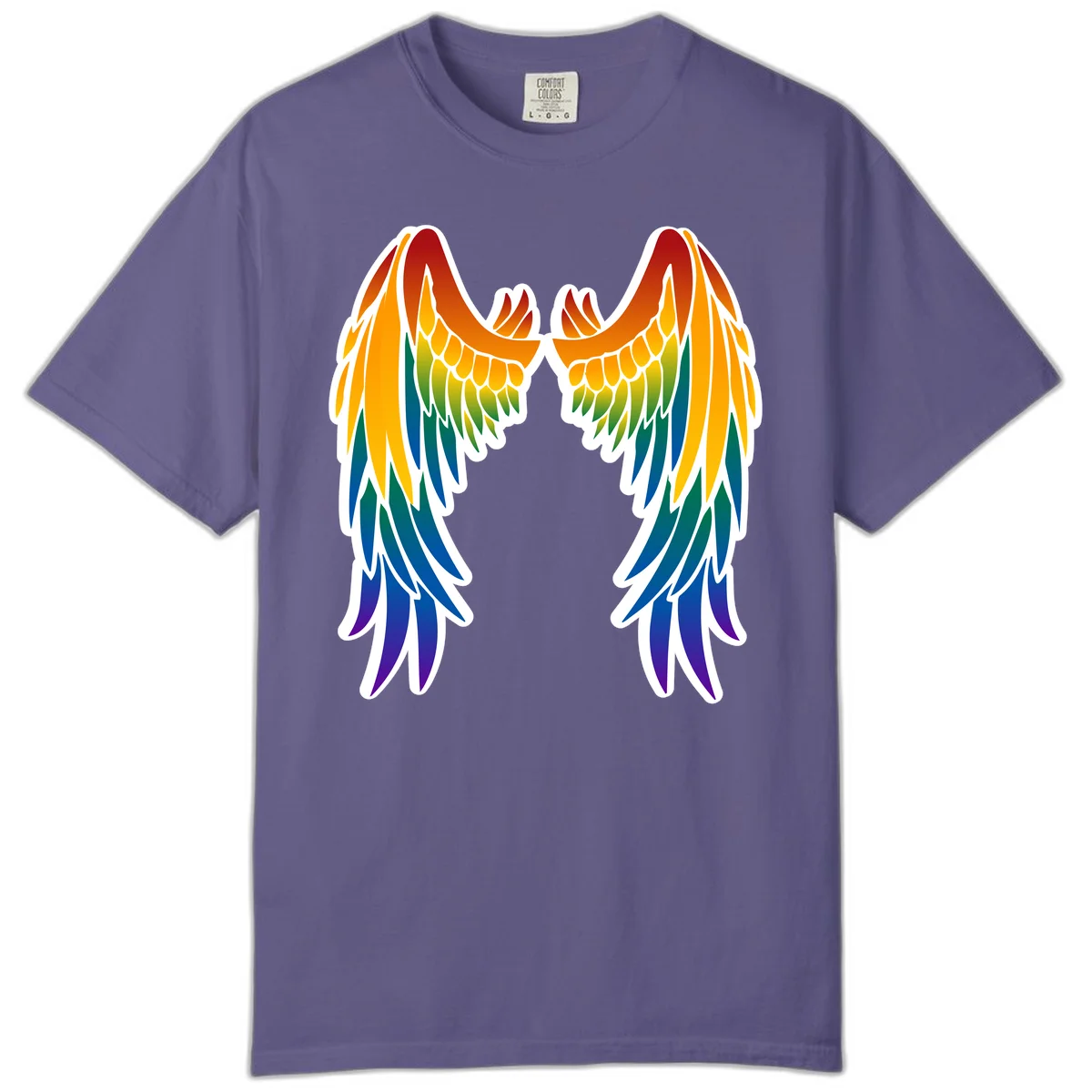 Symmetrical rainbow pride wings with feathered details in red, orange, yellow, green, teal, blue, and purple colors in Grape