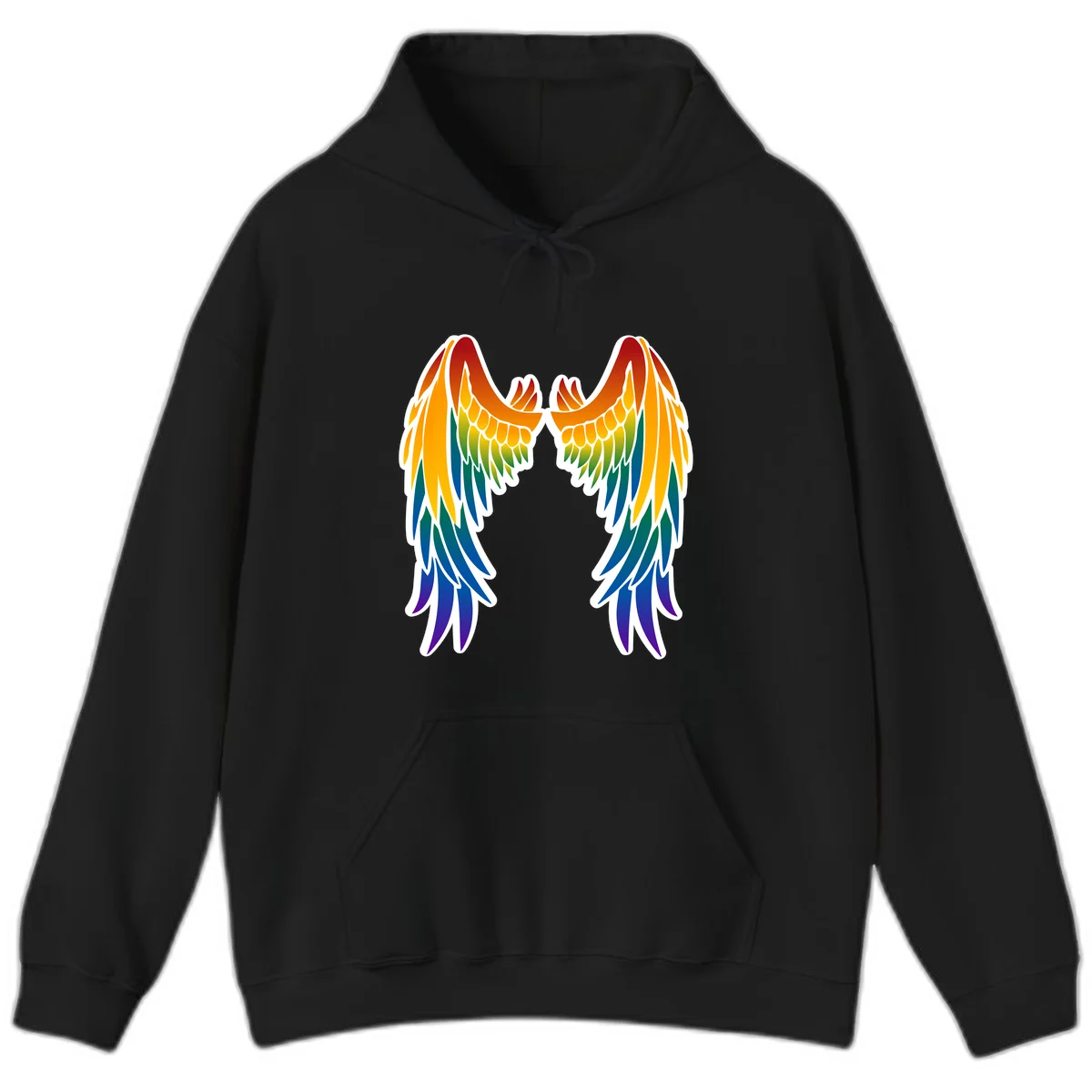 Symmetrical rainbow pride wings with feathered details in red, orange, yellow, green, teal, blue, and purple colors in Black