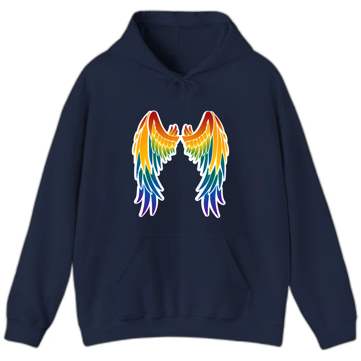 Symmetrical rainbow pride wings with feathered details in red, orange, yellow, green, teal, blue, and purple colors in Navy