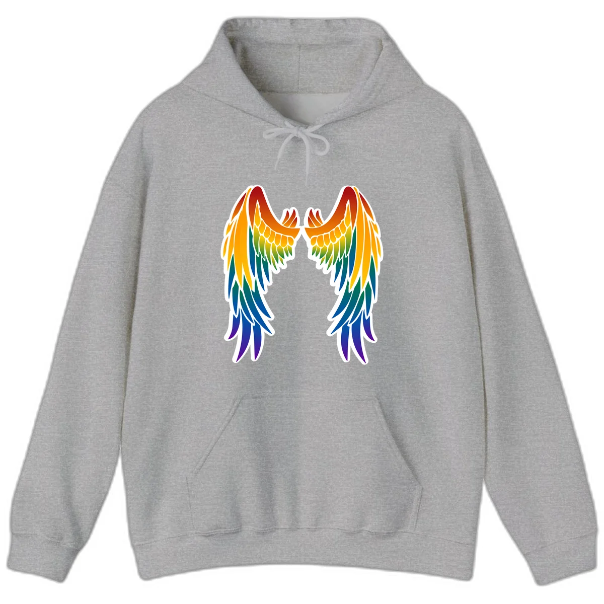 Symmetrical rainbow pride wings with feathered details in red, orange, yellow, green, teal, blue, and purple colors in Sport Grey