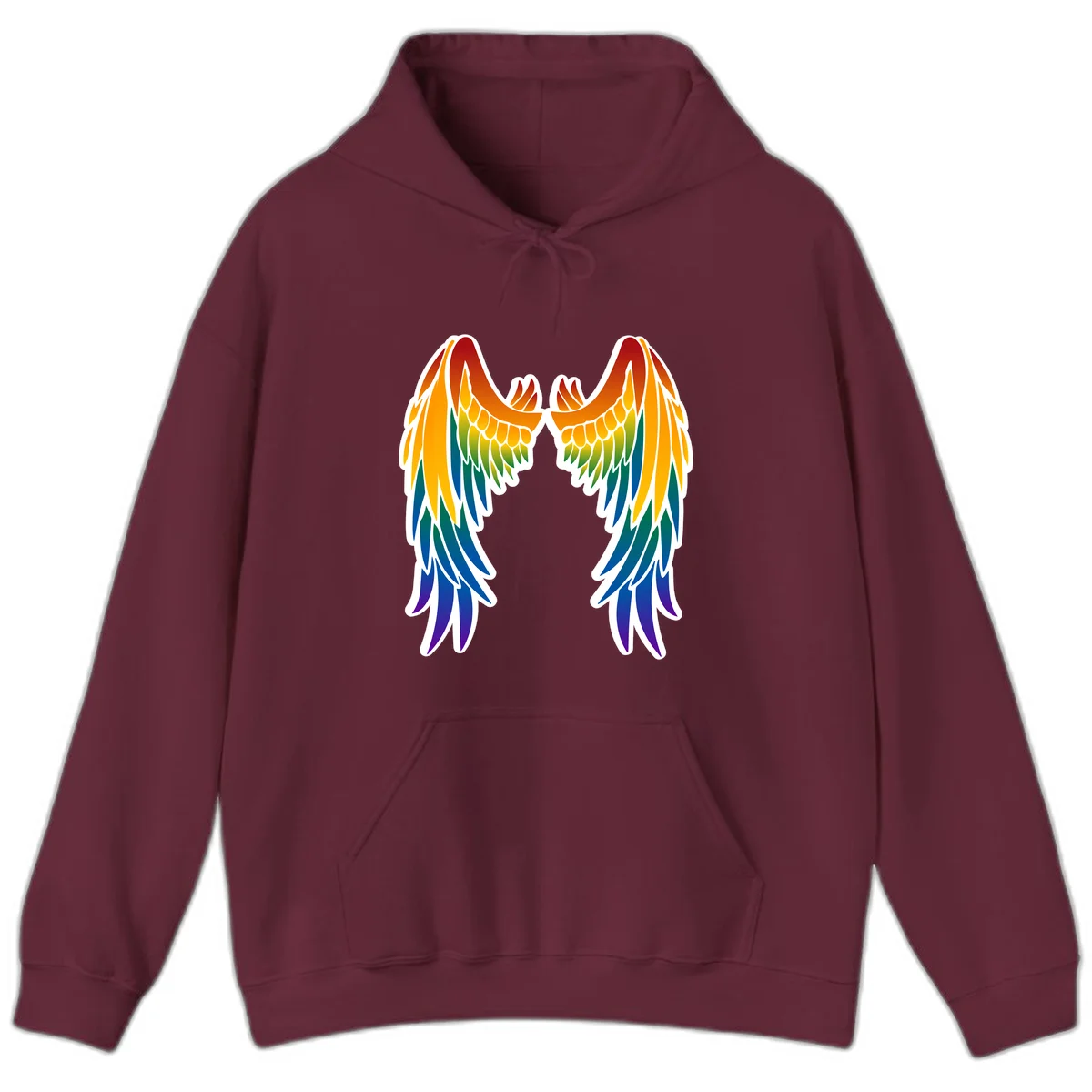 Symmetrical rainbow pride wings with feathered details in red, orange, yellow, green, teal, blue, and purple colors in Maroon