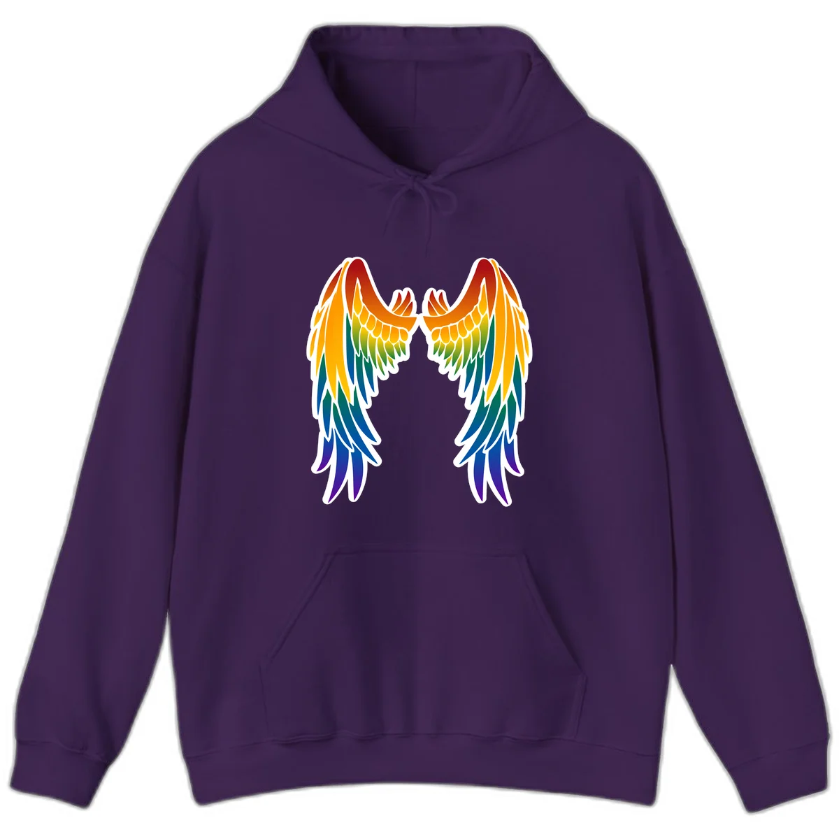 Symmetrical rainbow pride wings with feathered details in red, orange, yellow, green, teal, blue, and purple colors in Purple