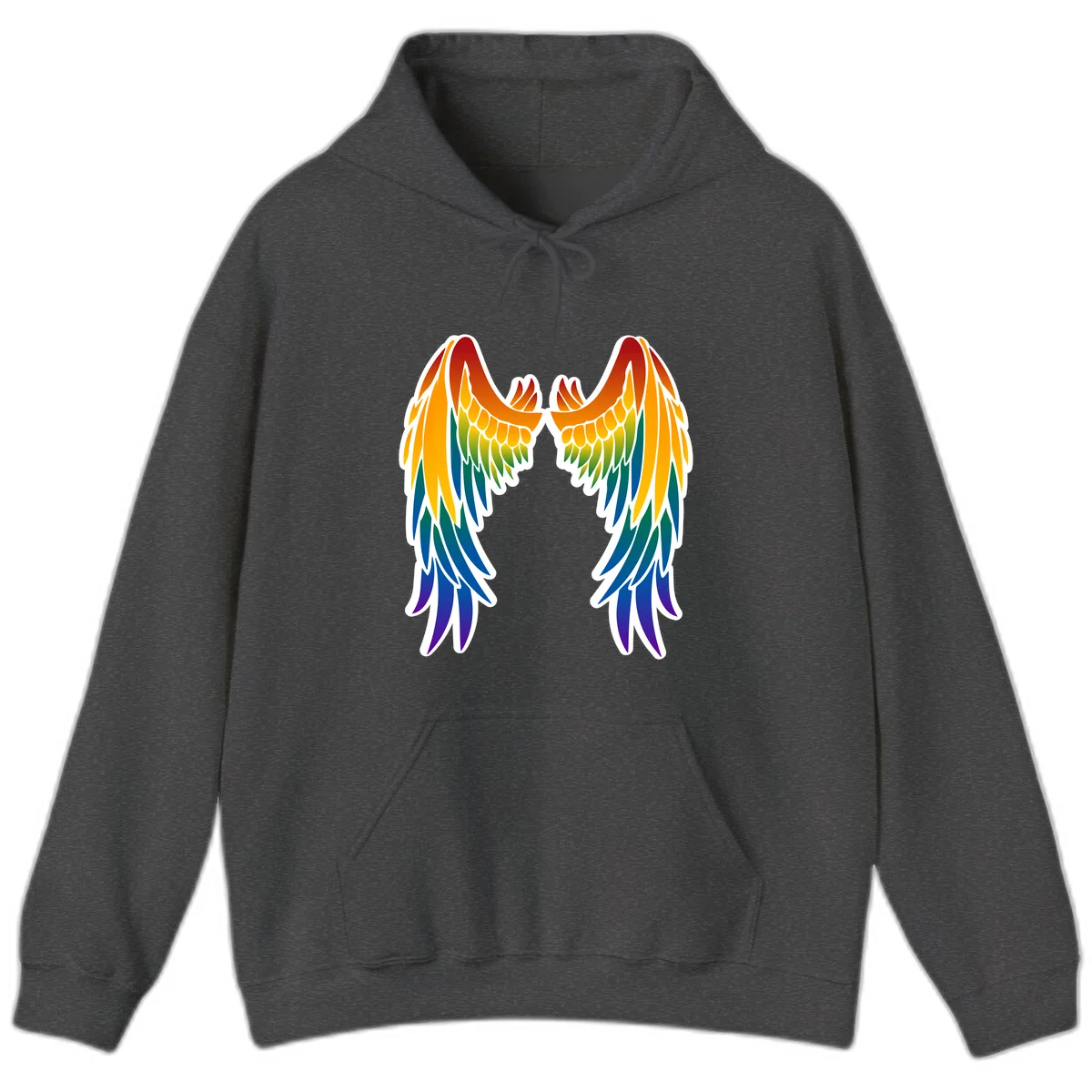 Symmetrical rainbow pride wings with feathered details in red, orange, yellow, green, teal, blue, and purple colors in Dark Heather