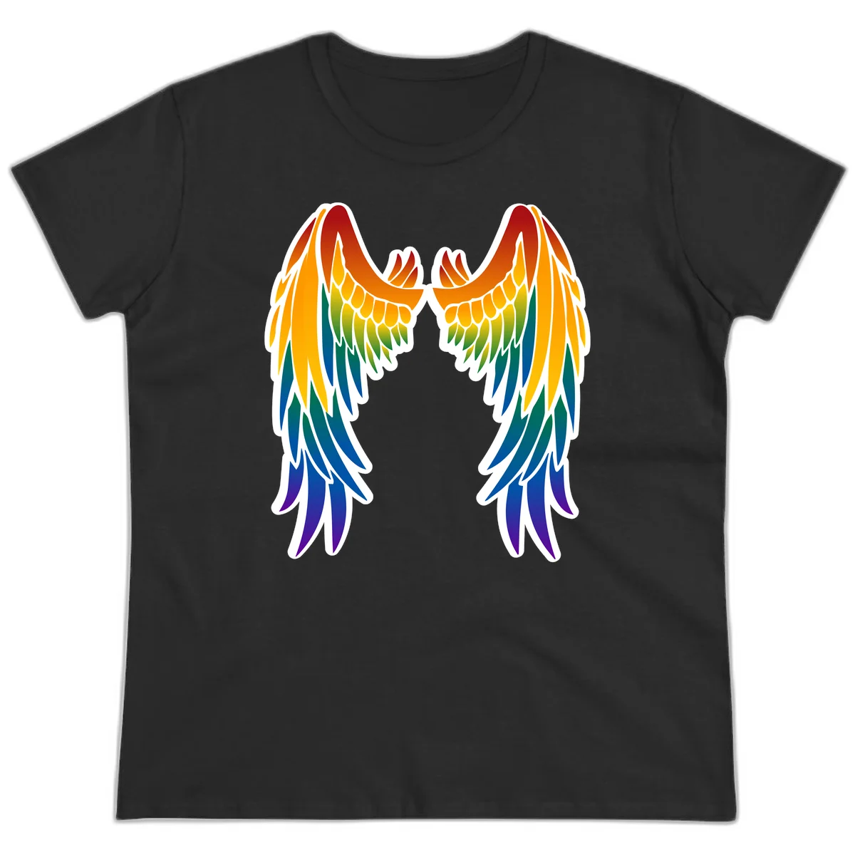 Symmetrical rainbow pride wings with feathered details in red, orange, yellow, green, teal, blue, and purple colors in Black
