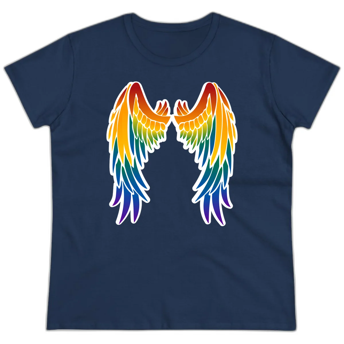 Symmetrical rainbow pride wings with feathered details in red, orange, yellow, green, teal, blue, and purple colors in Navy