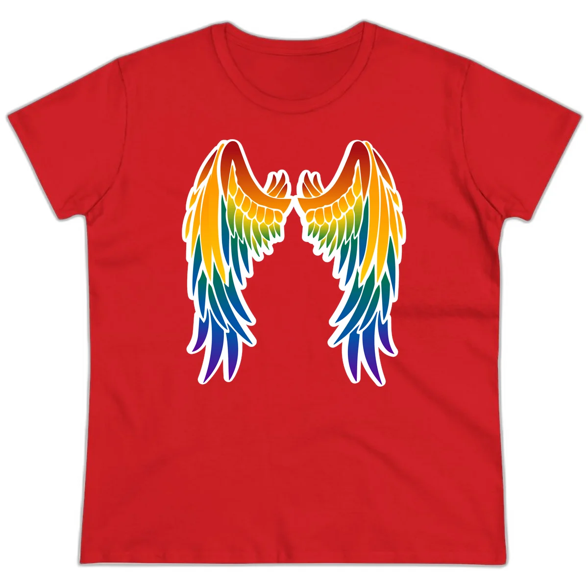 Symmetrical rainbow pride wings with feathered details in red, orange, yellow, green, teal, blue, and purple colors in Red