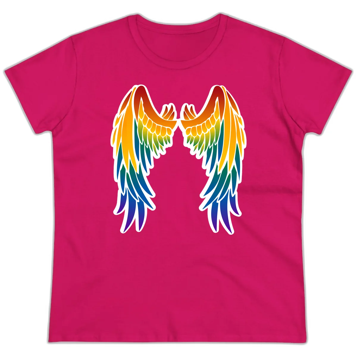 Symmetrical rainbow pride wings with feathered details in red, orange, yellow, green, teal, blue, and purple colors in Heliconia