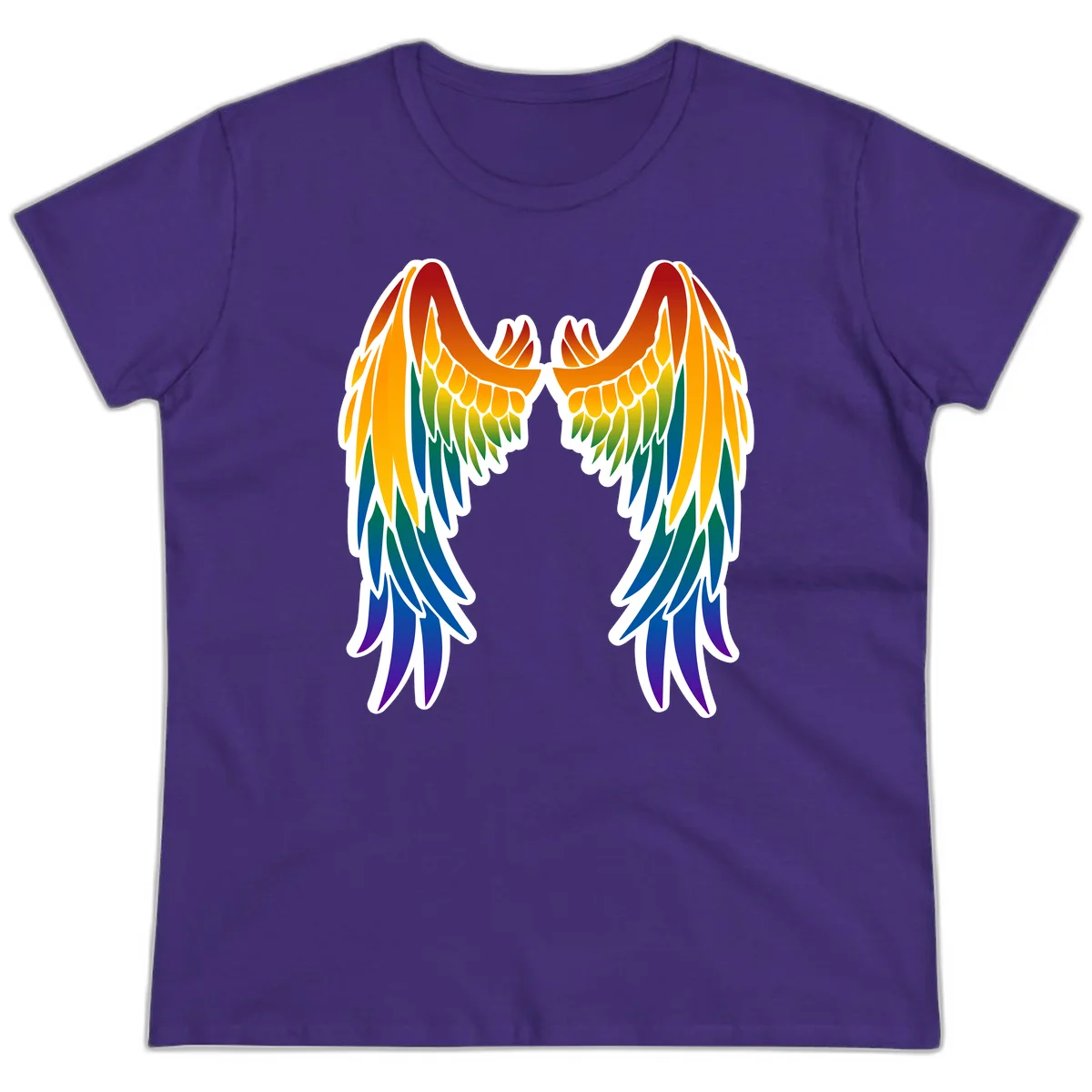 Symmetrical rainbow pride wings with feathered details in red, orange, yellow, green, teal, blue, and purple colors in Purple