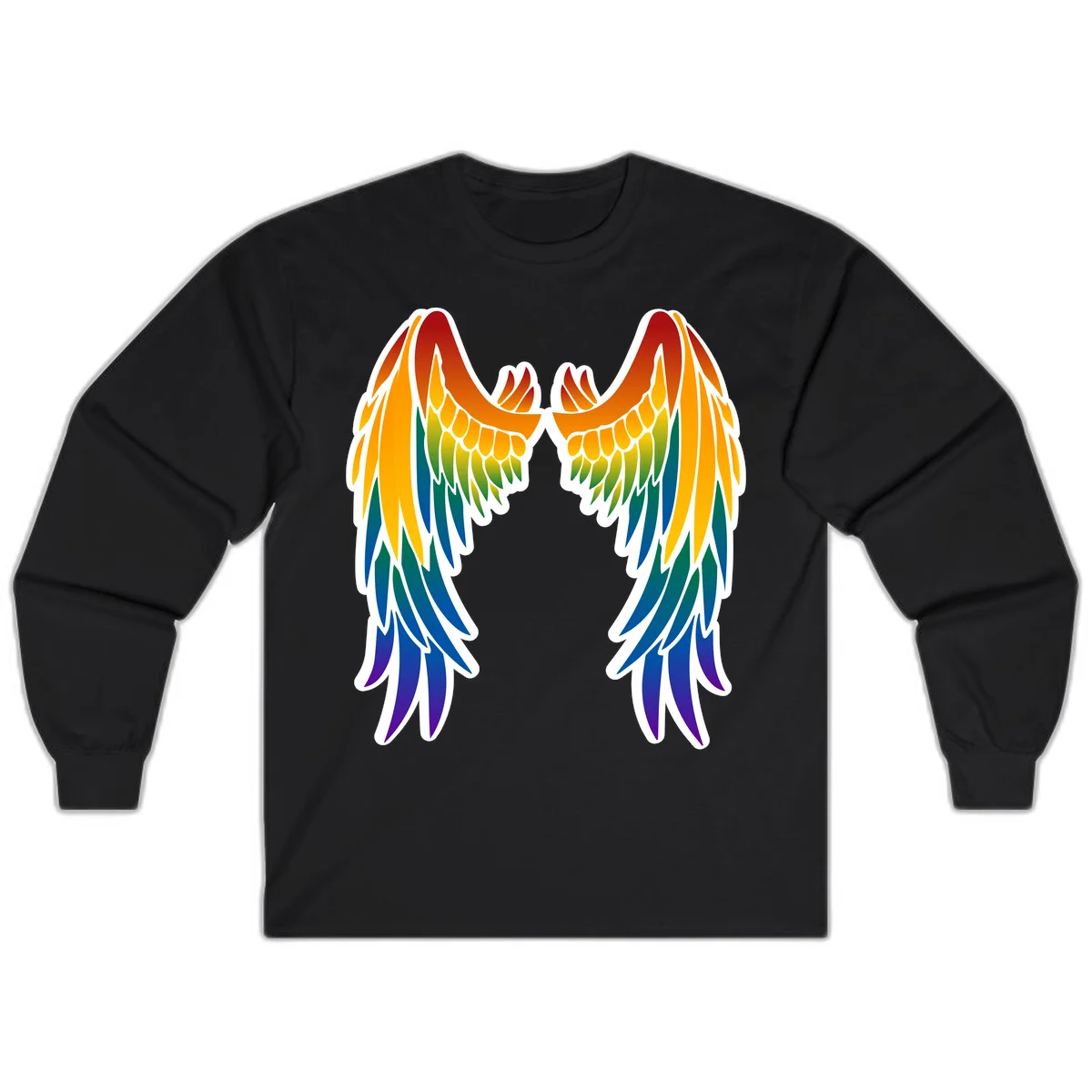 Symmetrical rainbow pride wings with feathered details in red, orange, yellow, green, teal, blue, and purple colors in Black