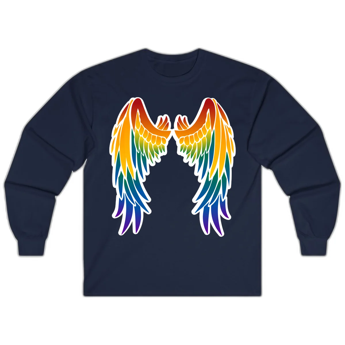Symmetrical rainbow pride wings with feathered details in red, orange, yellow, green, teal, blue, and purple colors in Navy
