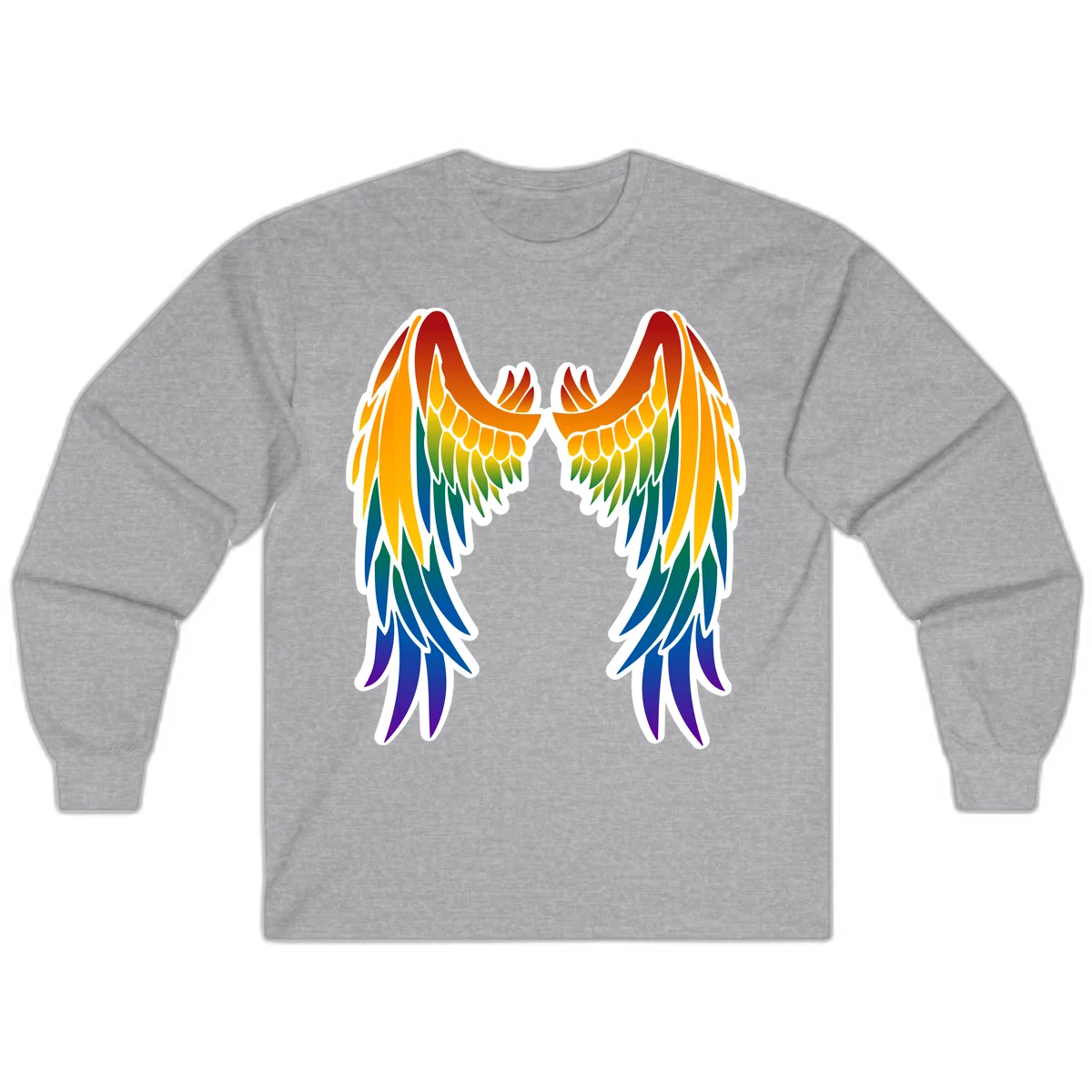 Symmetrical rainbow pride wings with feathered details in red, orange, yellow, green, teal, blue, and purple colors in Sport Grey