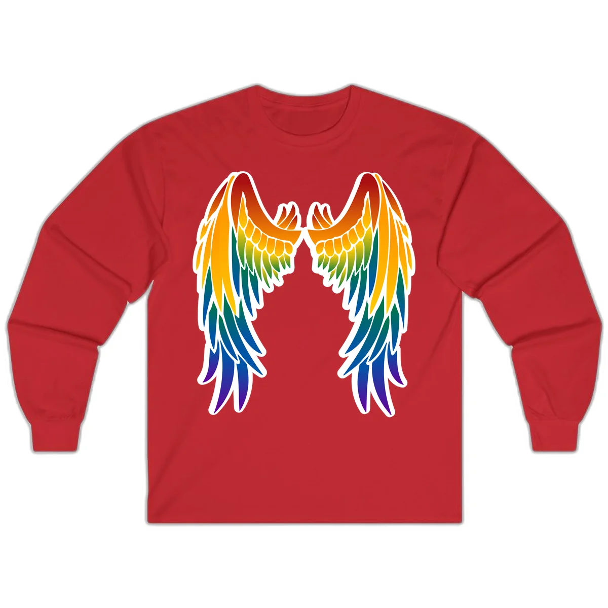 Symmetrical rainbow pride wings with feathered details in red, orange, yellow, green, teal, blue, and purple colors in Red