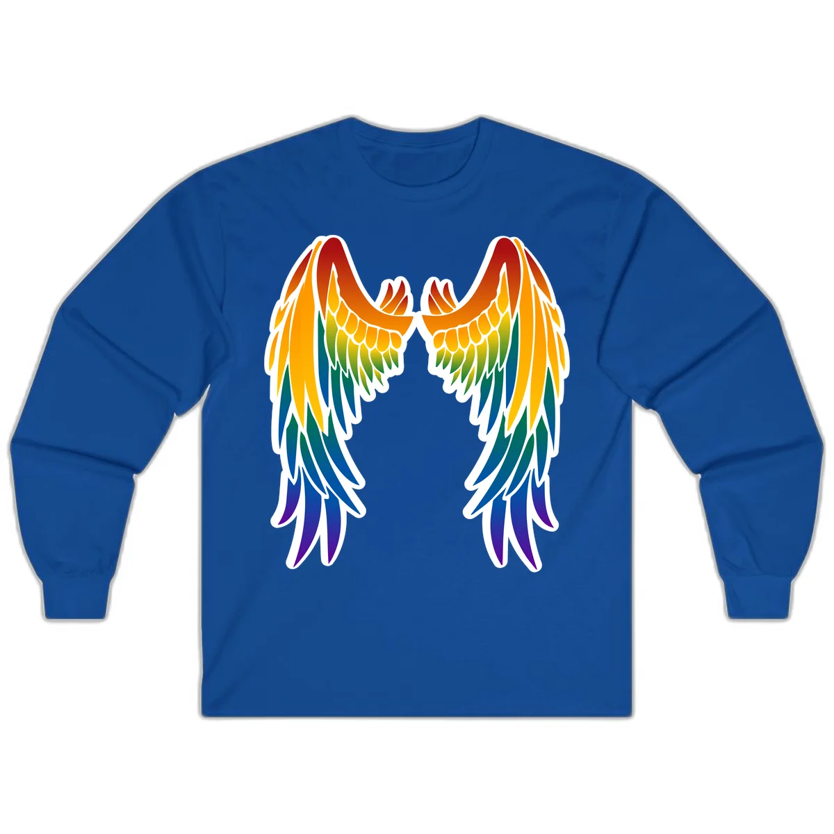 Symmetrical rainbow pride wings with feathered details in red, orange, yellow, green, teal, blue, and purple colors in Royal