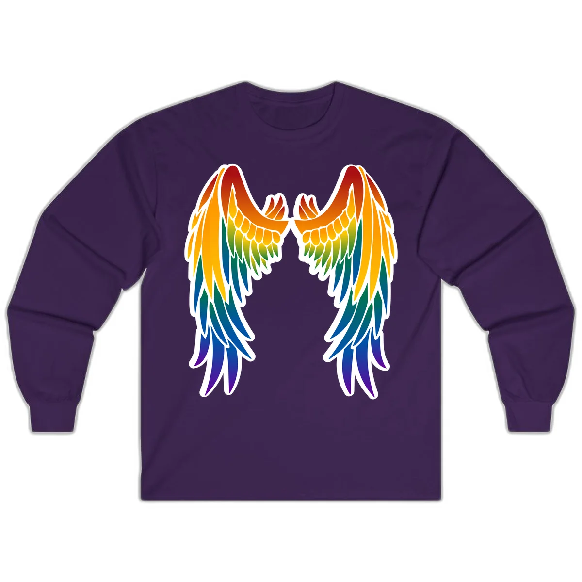 Symmetrical rainbow pride wings with feathered details in red, orange, yellow, green, teal, blue, and purple colors in Purple