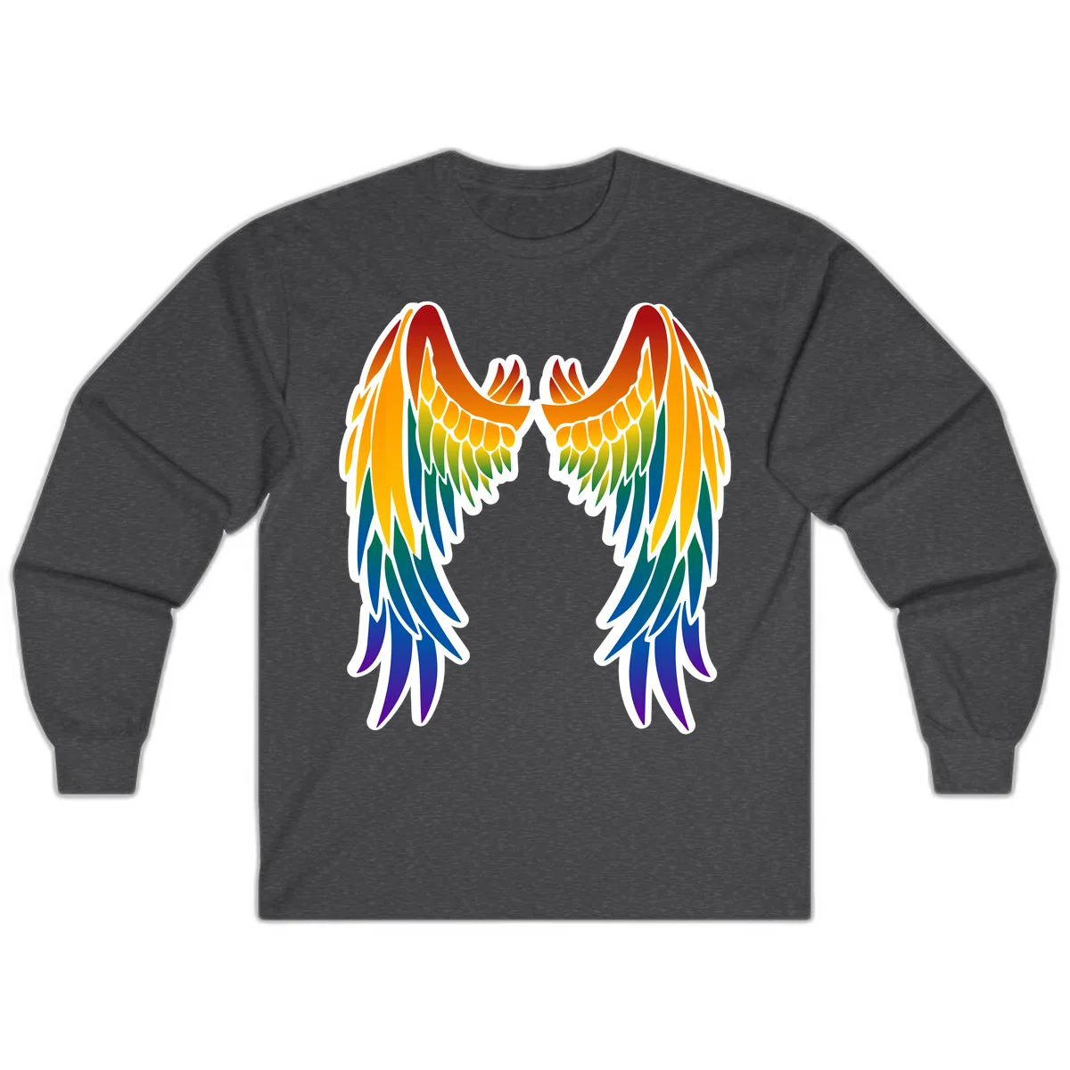 Symmetrical rainbow pride wings with feathered details in red, orange, yellow, green, teal, blue, and purple colors in Dark Heather