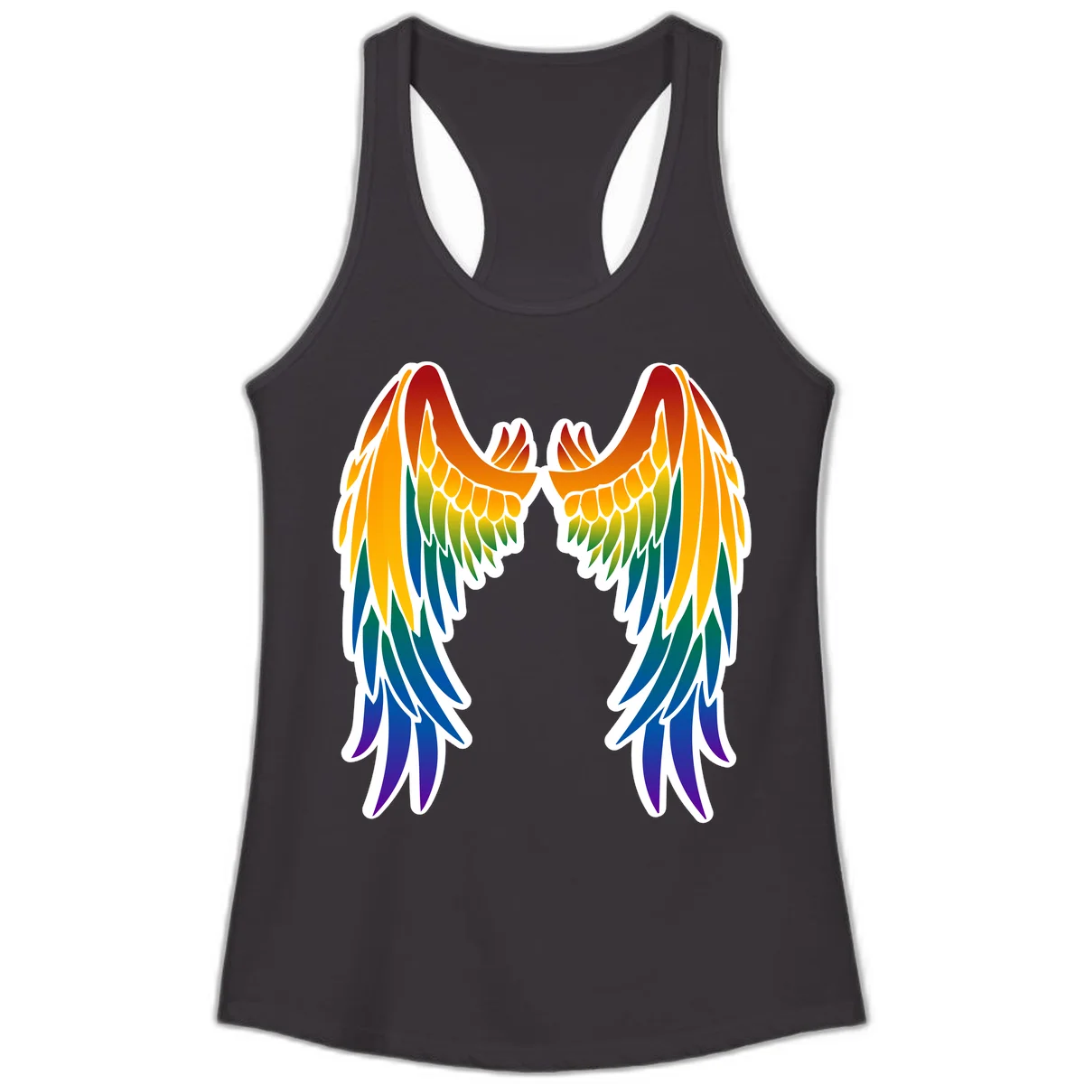 Symmetrical rainbow pride wings with feathered details in red, orange, yellow, green, teal, blue, and purple colors in Black