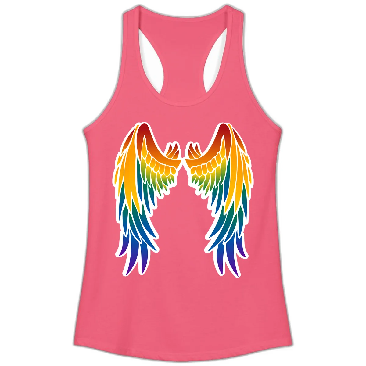 Symmetrical rainbow pride wings with feathered details in red, orange, yellow, green, teal, blue, and purple colors in Hot Pink