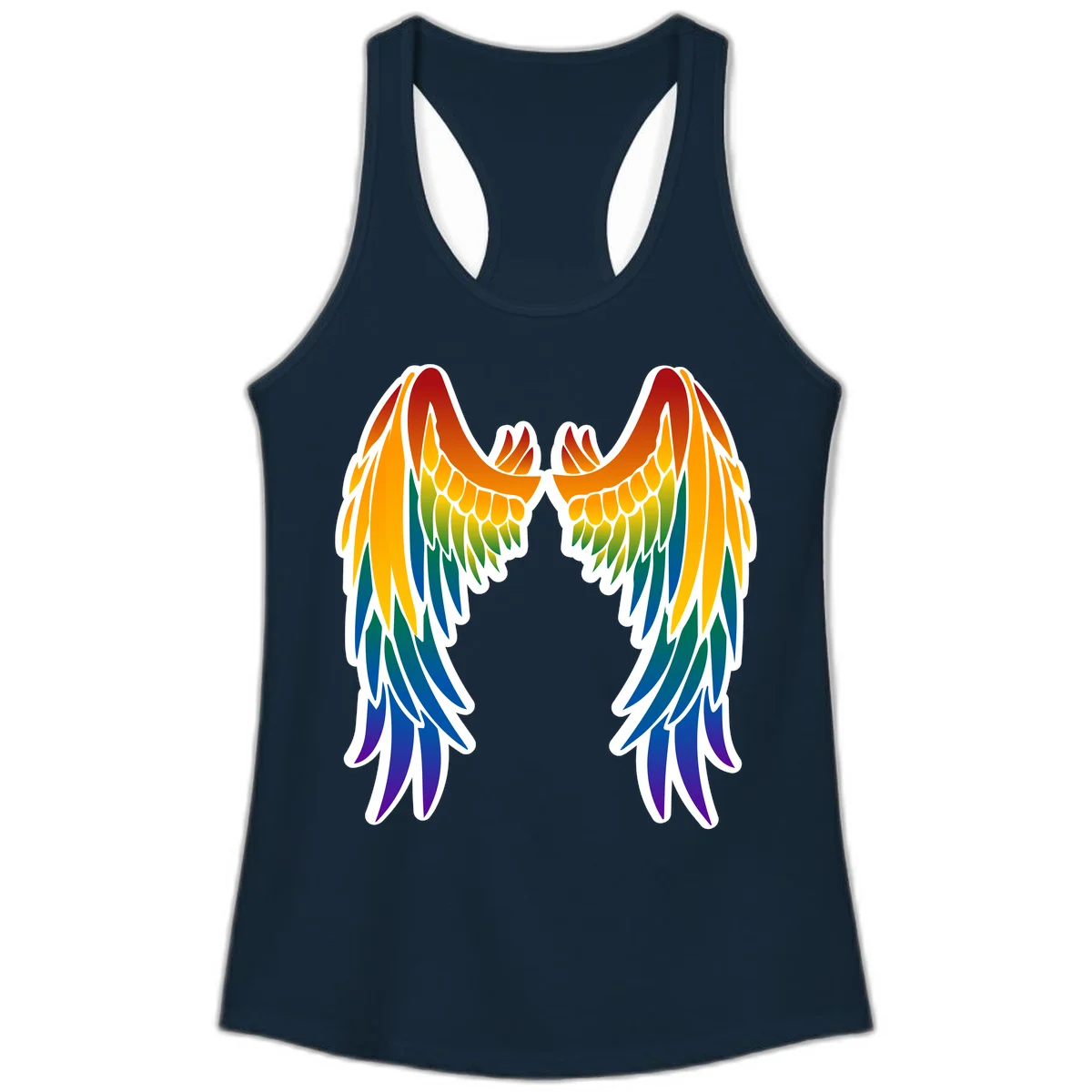 Symmetrical rainbow pride wings with feathered details in red, orange, yellow, green, teal, blue, and purple colors in Solid Midnight Navy