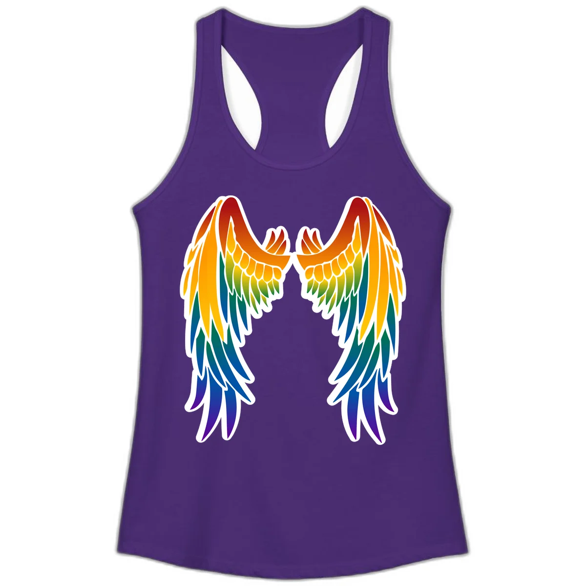 Symmetrical rainbow pride wings with feathered details in red, orange, yellow, green, teal, blue, and purple colors in Solid Purple Rush