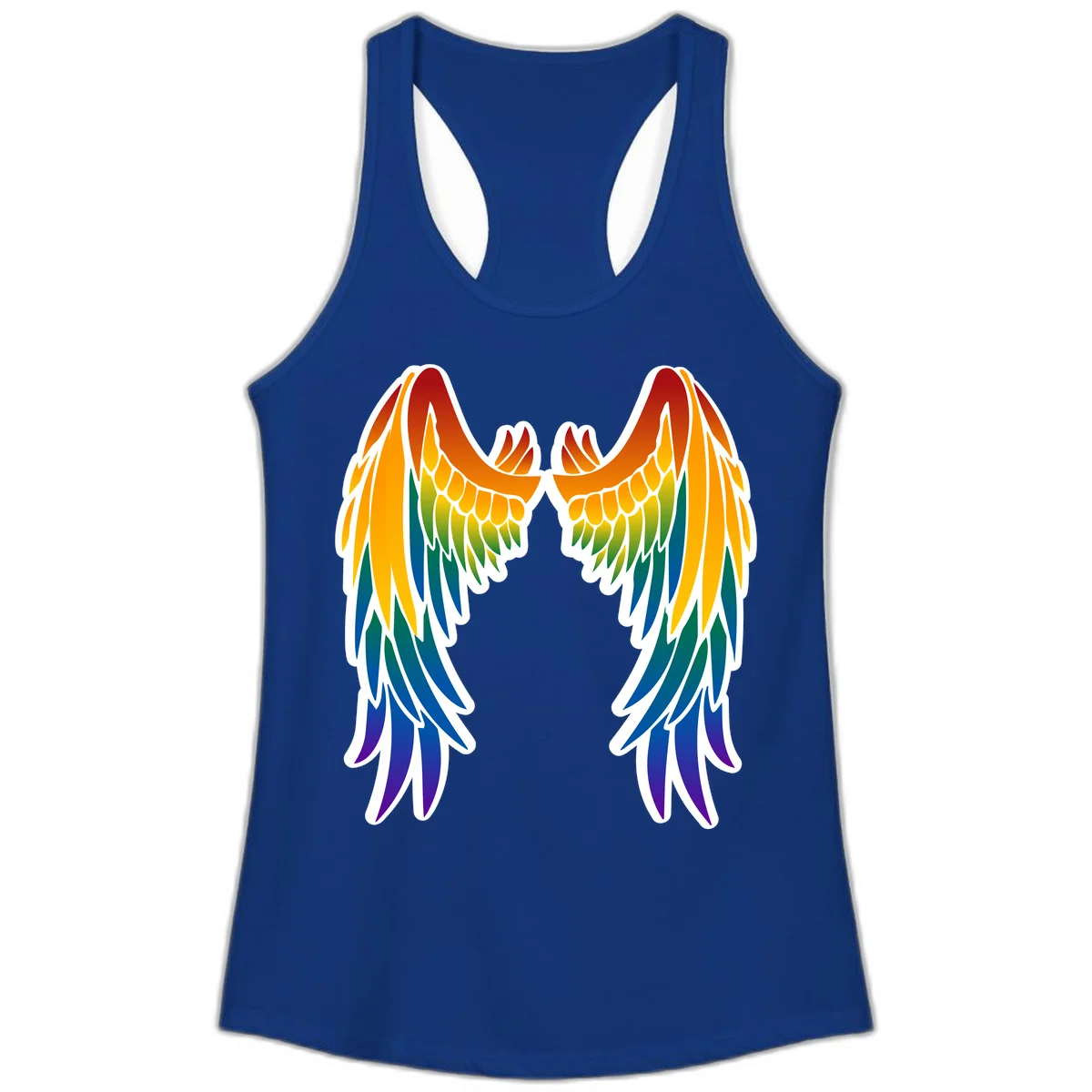 Symmetrical rainbow pride wings with feathered details in red, orange, yellow, green, teal, blue, and purple colors in Solid Royal