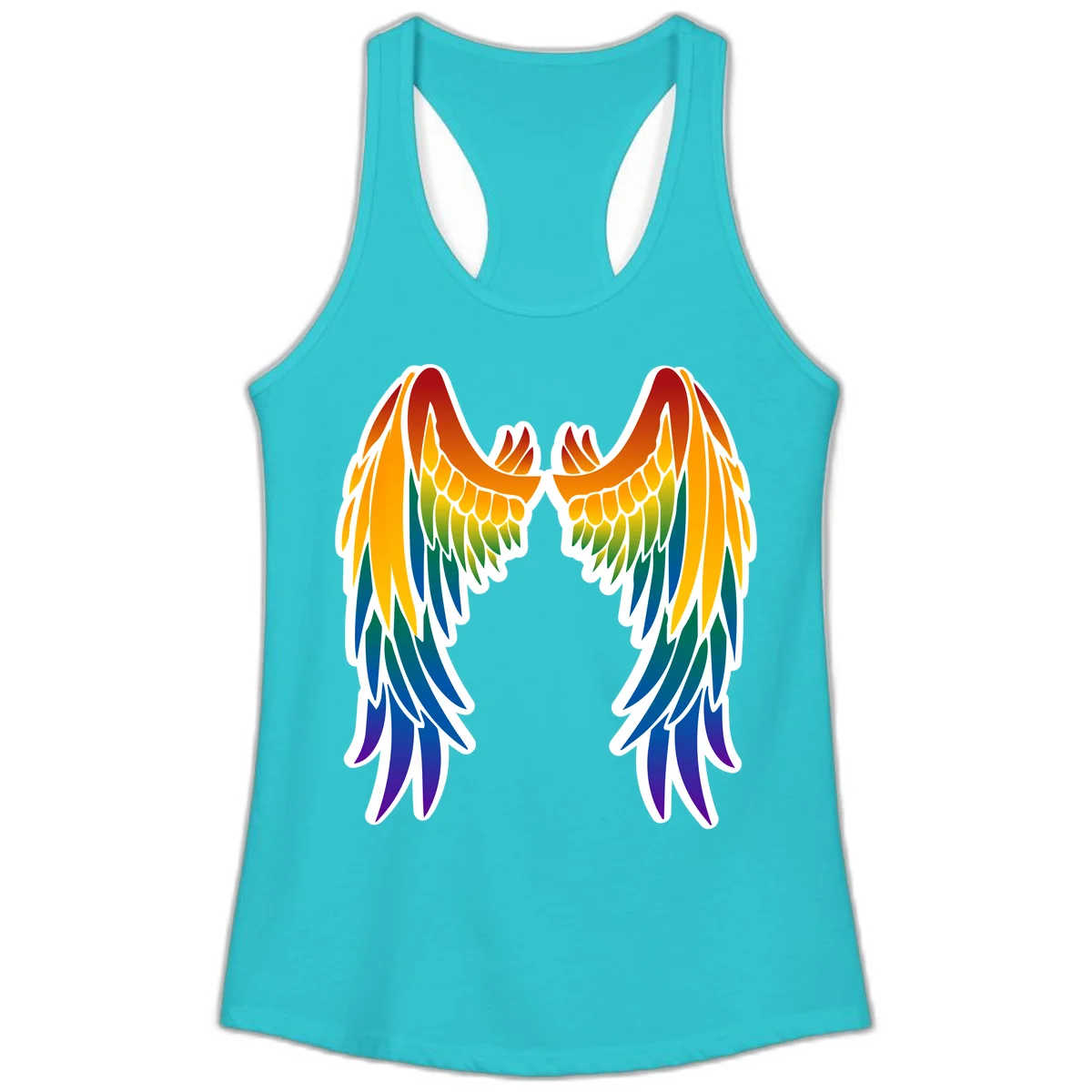 Symmetrical rainbow pride wings with feathered details in red, orange, yellow, green, teal, blue, and purple colors in Solid Tahiti Blue