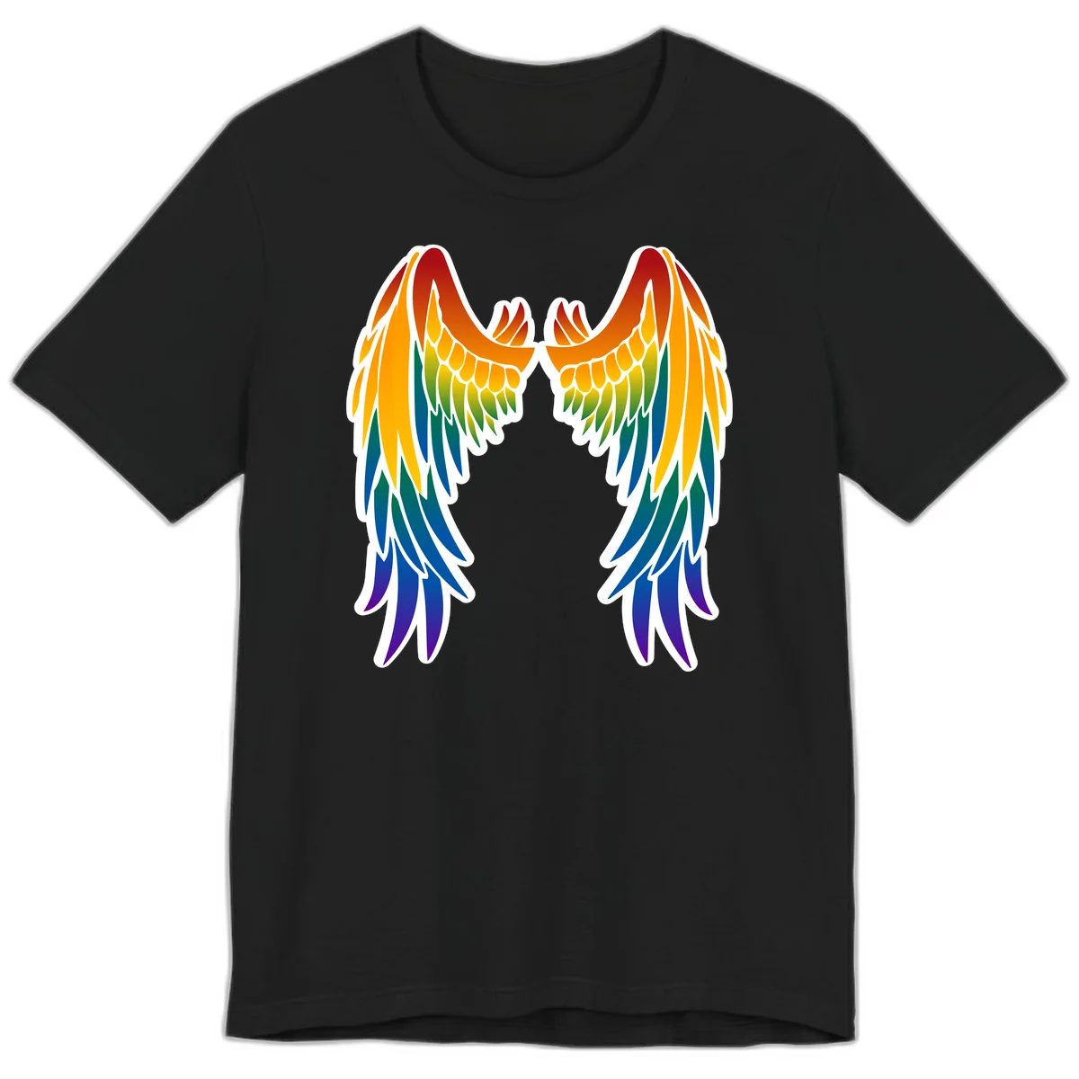 Symmetrical rainbow pride wings with feathered details in red, orange, yellow, green, teal, blue, and purple colors in Black