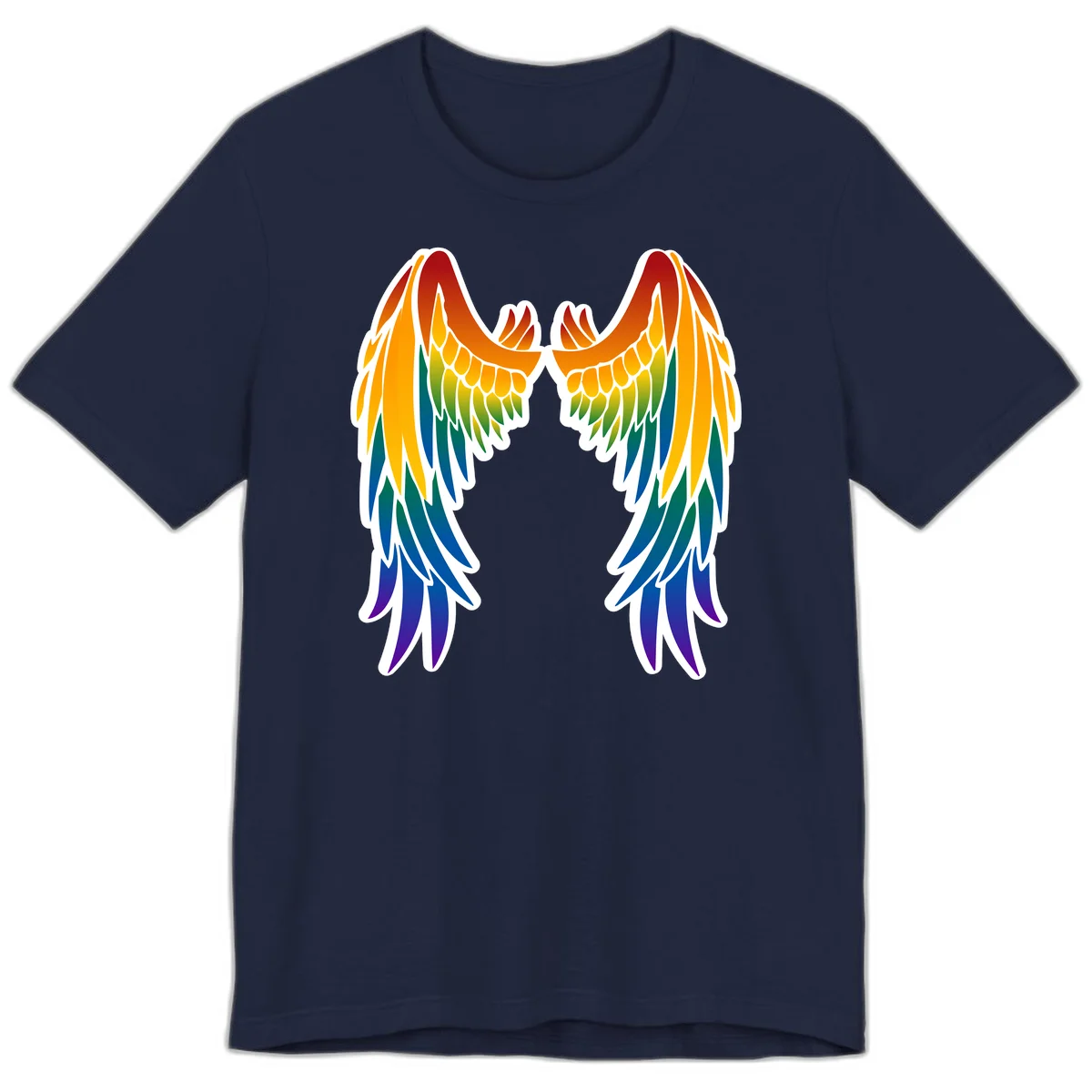 Symmetrical rainbow pride wings with feathered details in red, orange, yellow, green, teal, blue, and purple colors in Navy