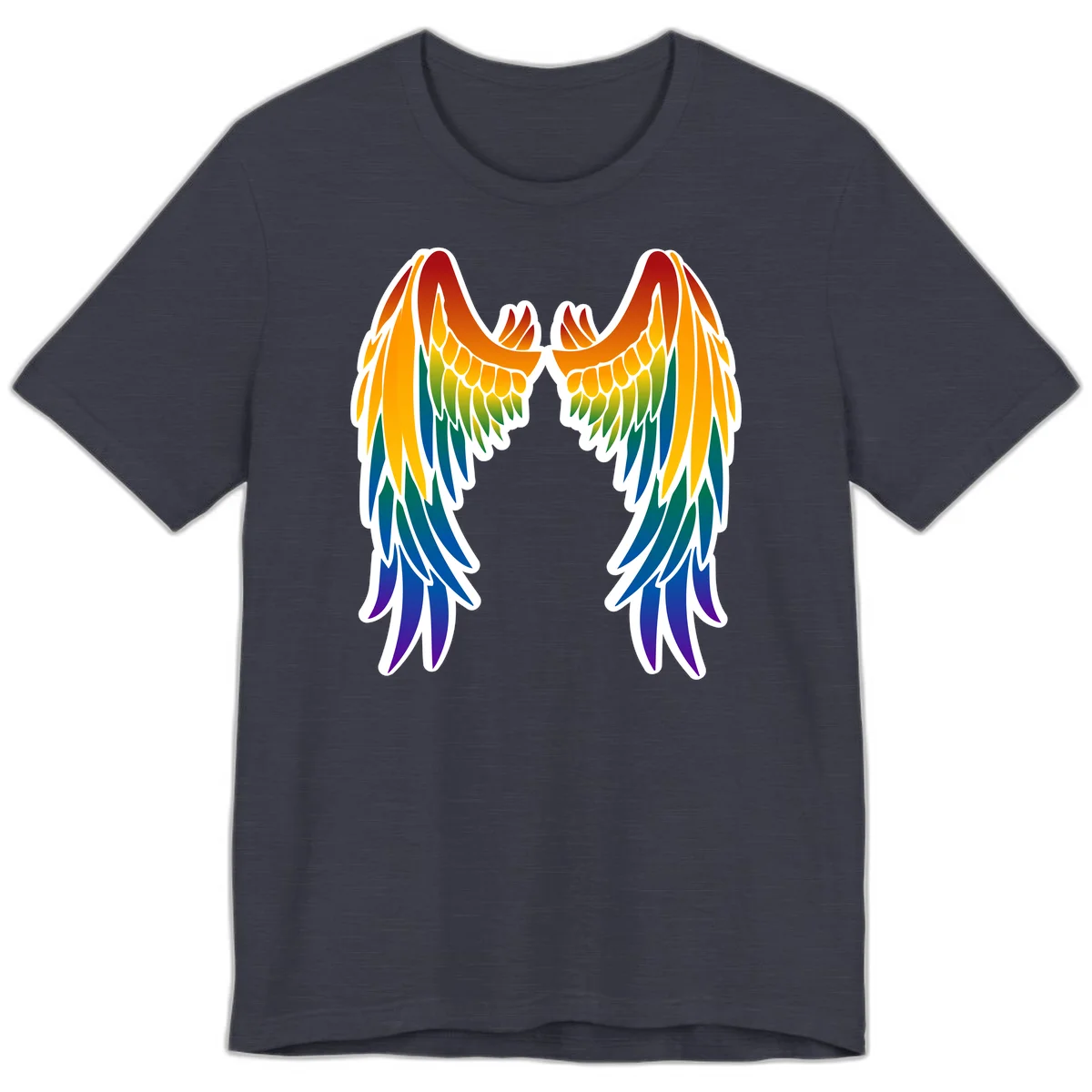 Symmetrical rainbow pride wings with feathered details in red, orange, yellow, green, teal, blue, and purple colors in Heather Midnight Navy
