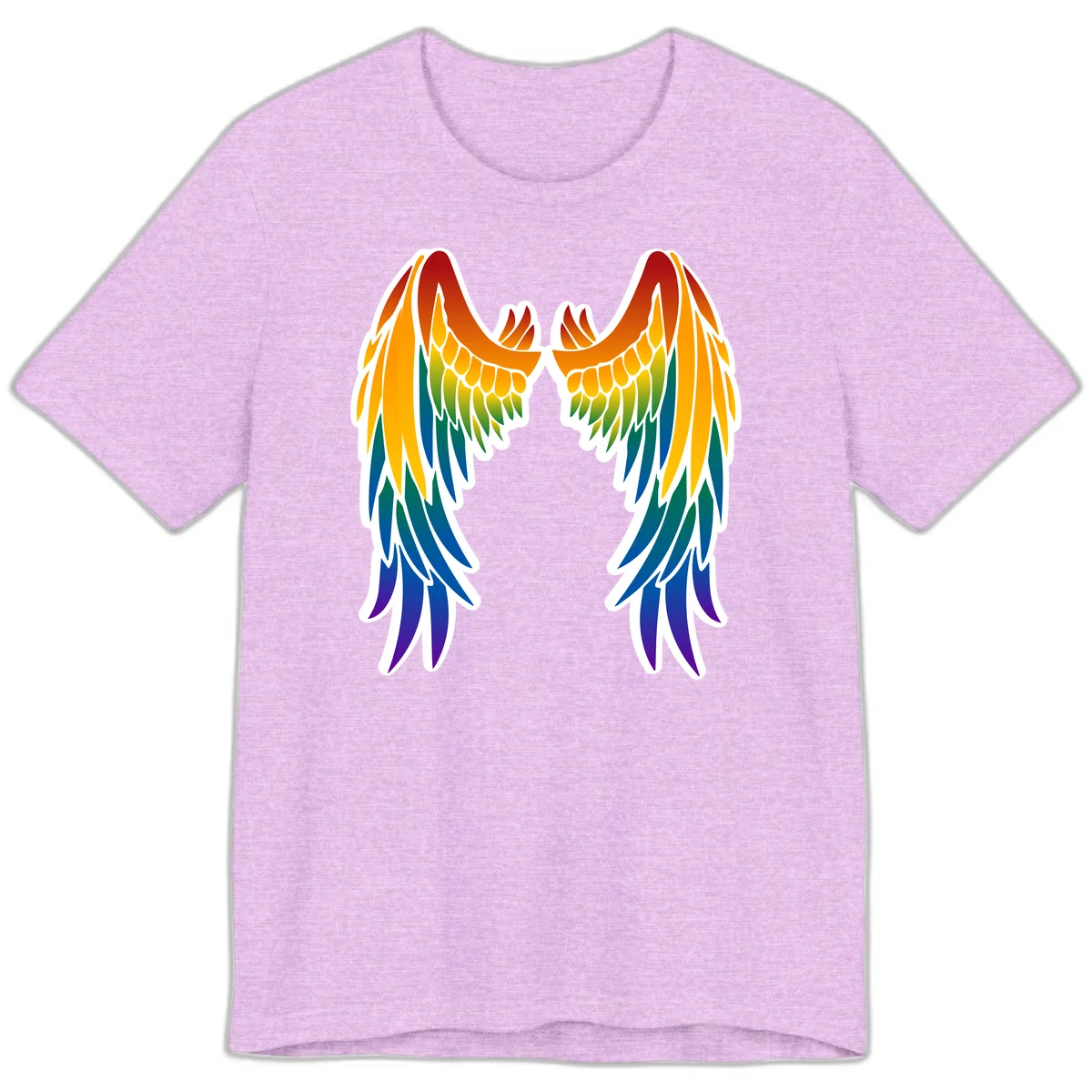 Symmetrical rainbow pride wings with feathered details in red, orange, yellow, green, teal, blue, and purple colors in Heather Prism Lilac