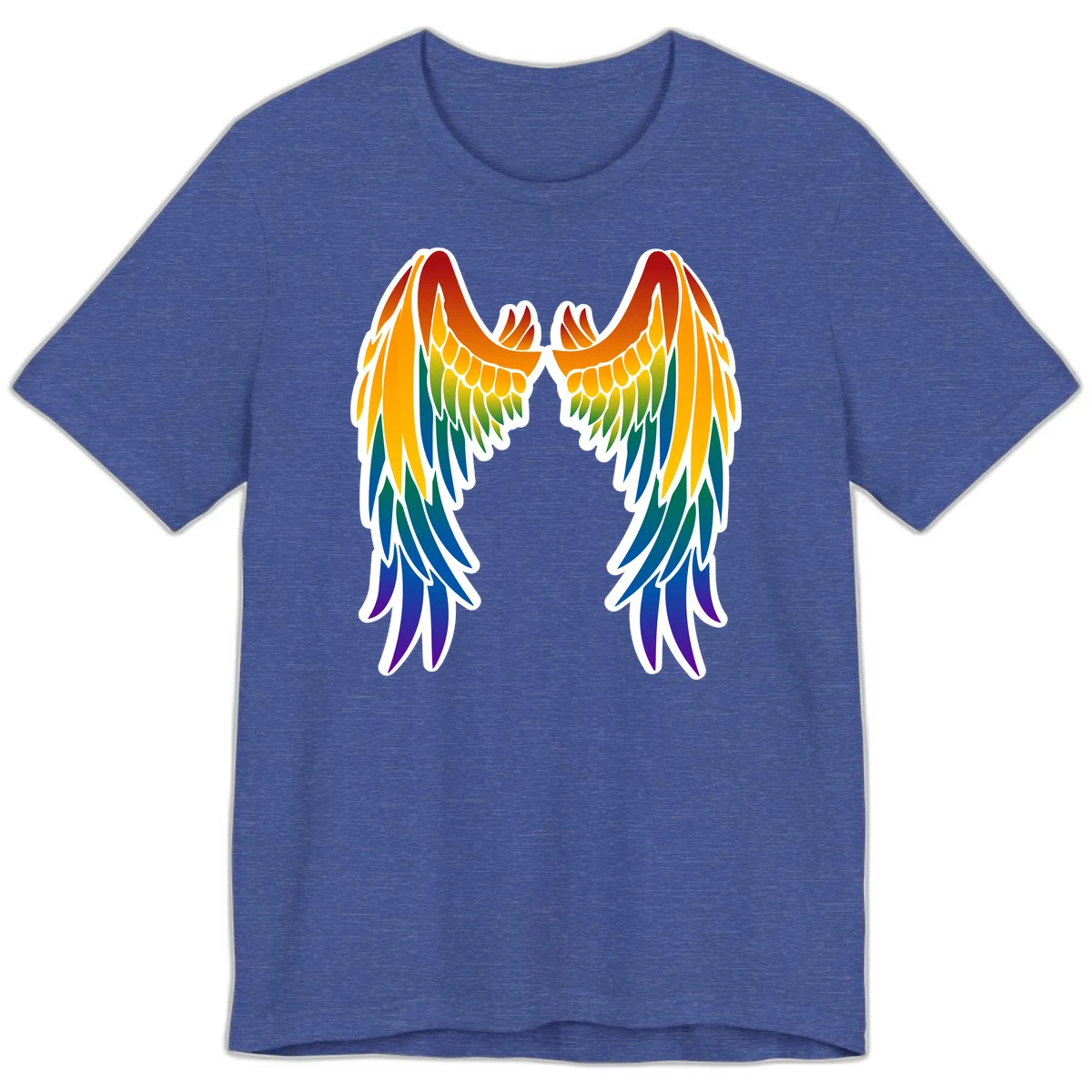 Symmetrical rainbow pride wings with feathered details in red, orange, yellow, green, teal, blue, and purple colors in Heather True Royal