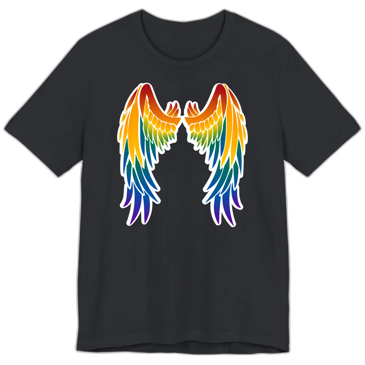 Symmetrical rainbow pride wings with feathered details in red, orange, yellow, green, teal, blue, and purple colors in Vintage Black