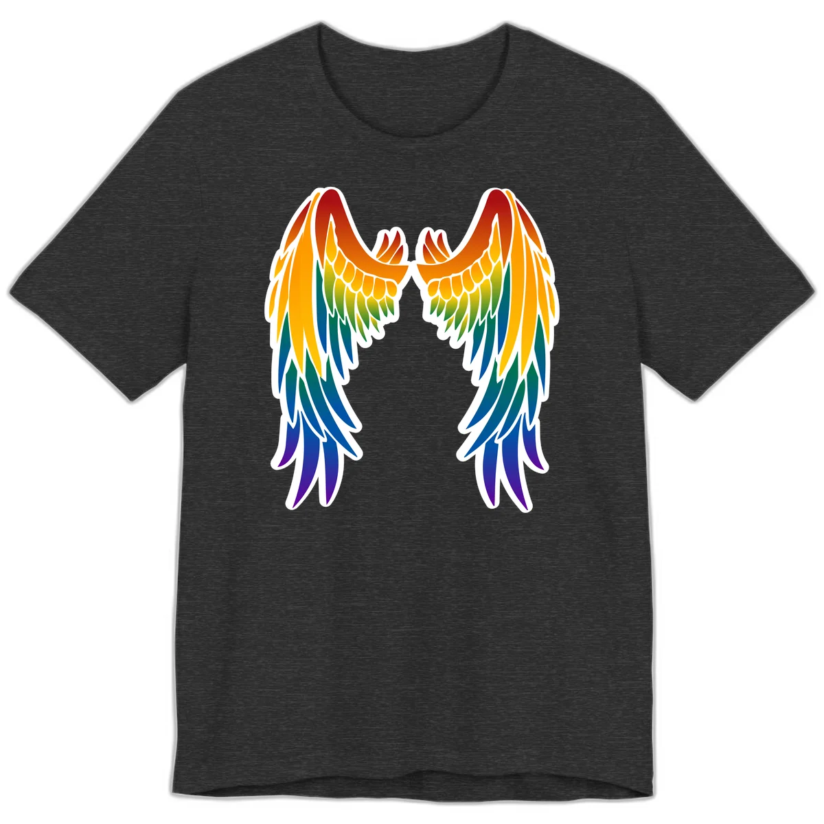 Symmetrical rainbow pride wings with feathered details in red, orange, yellow, green, teal, blue, and purple colors in Dark Grey Heather