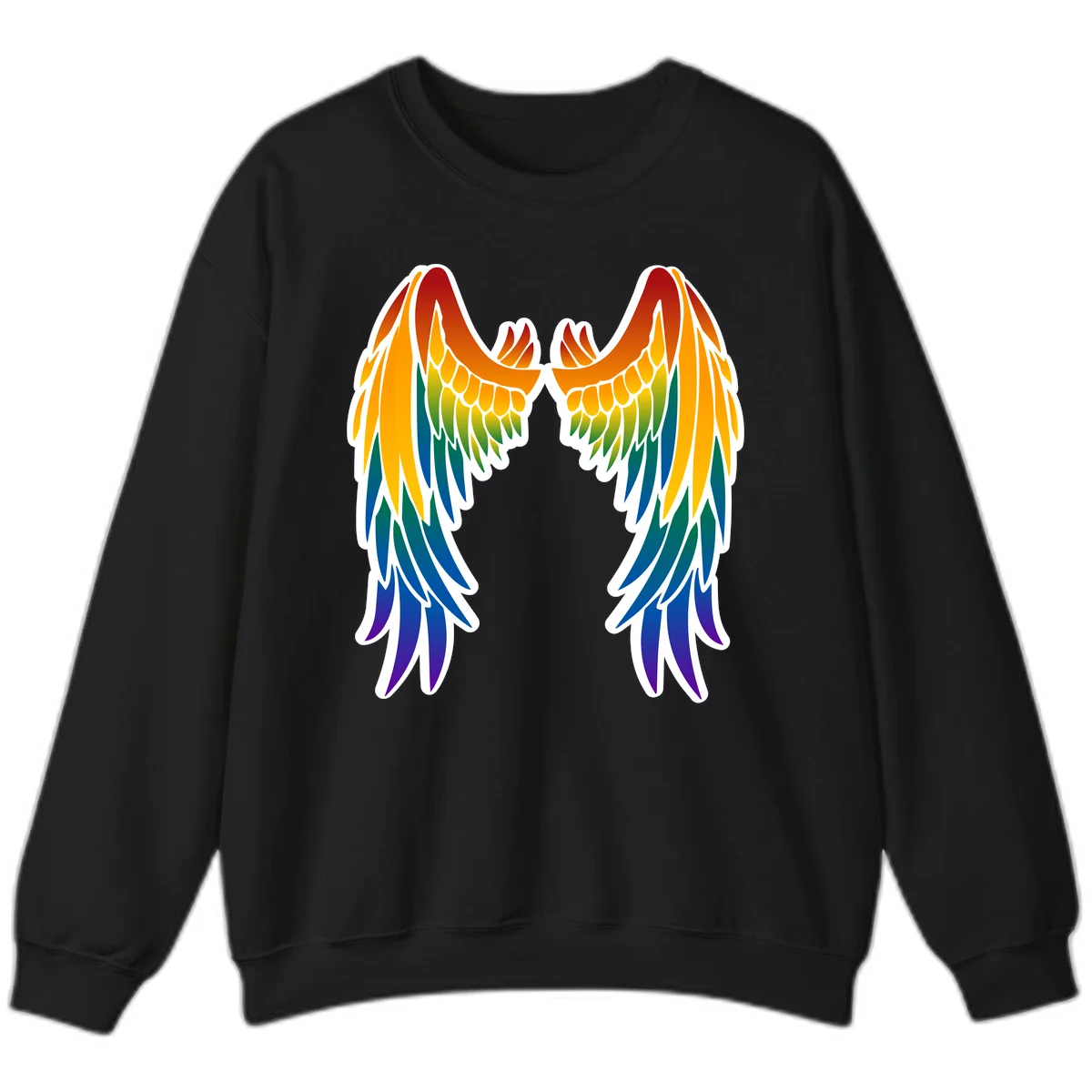 Symmetrical rainbow pride wings with feathered details in red, orange, yellow, green, teal, blue, and purple colors in Black