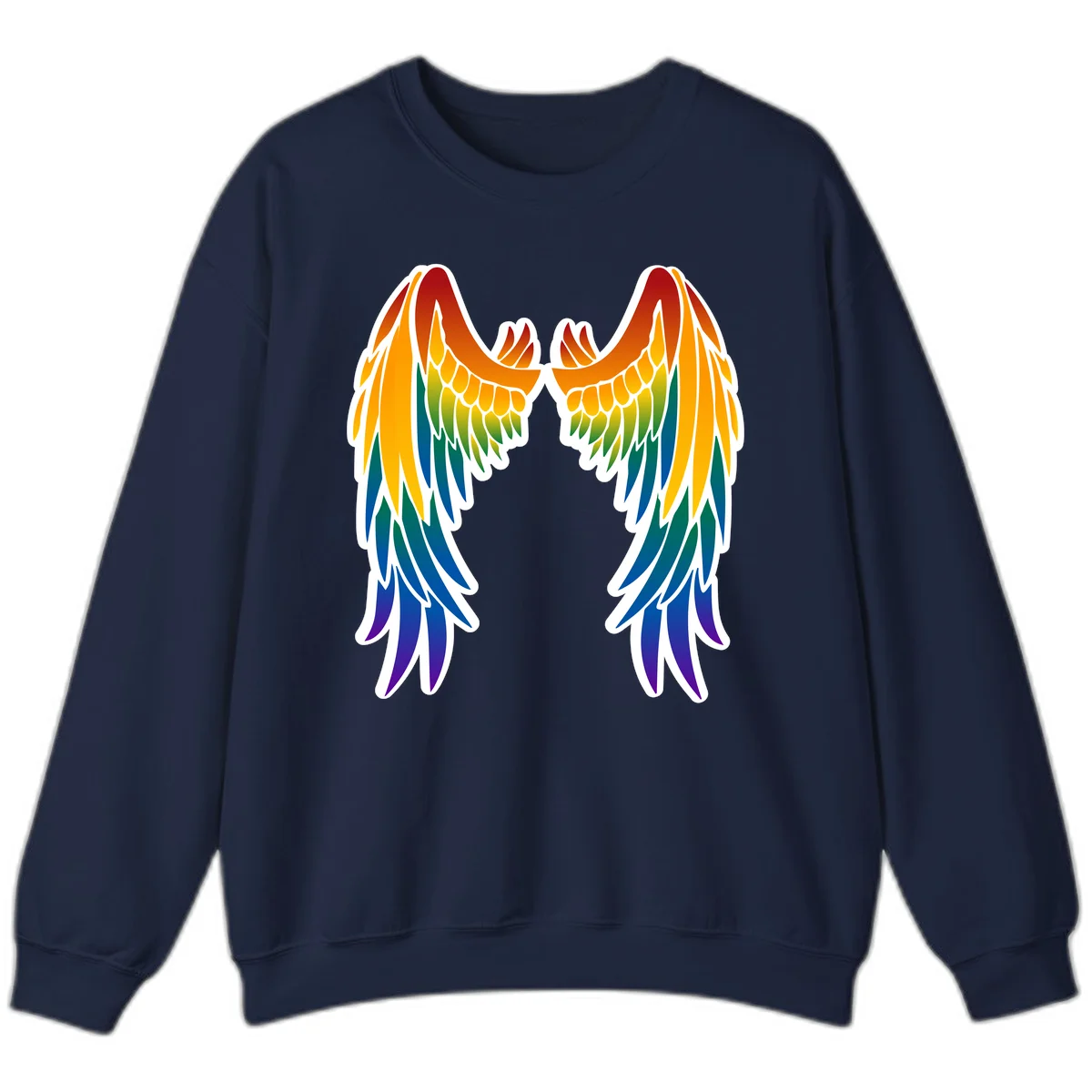 Symmetrical rainbow pride wings with feathered details in red, orange, yellow, green, teal, blue, and purple colors in Navy