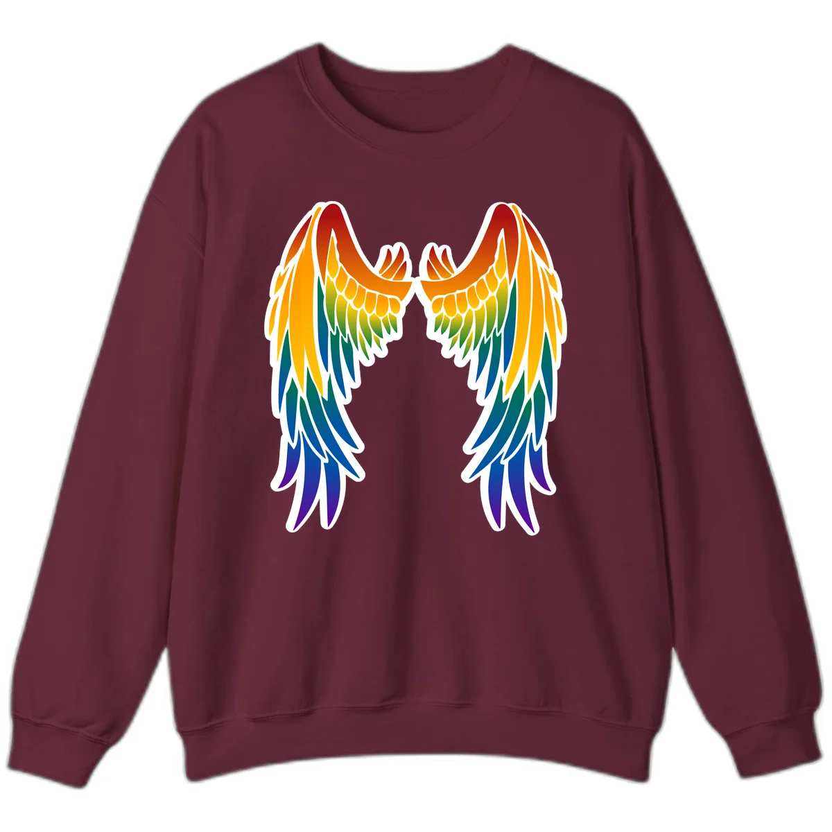 Symmetrical rainbow pride wings with feathered details in red, orange, yellow, green, teal, blue, and purple colors in Maroon