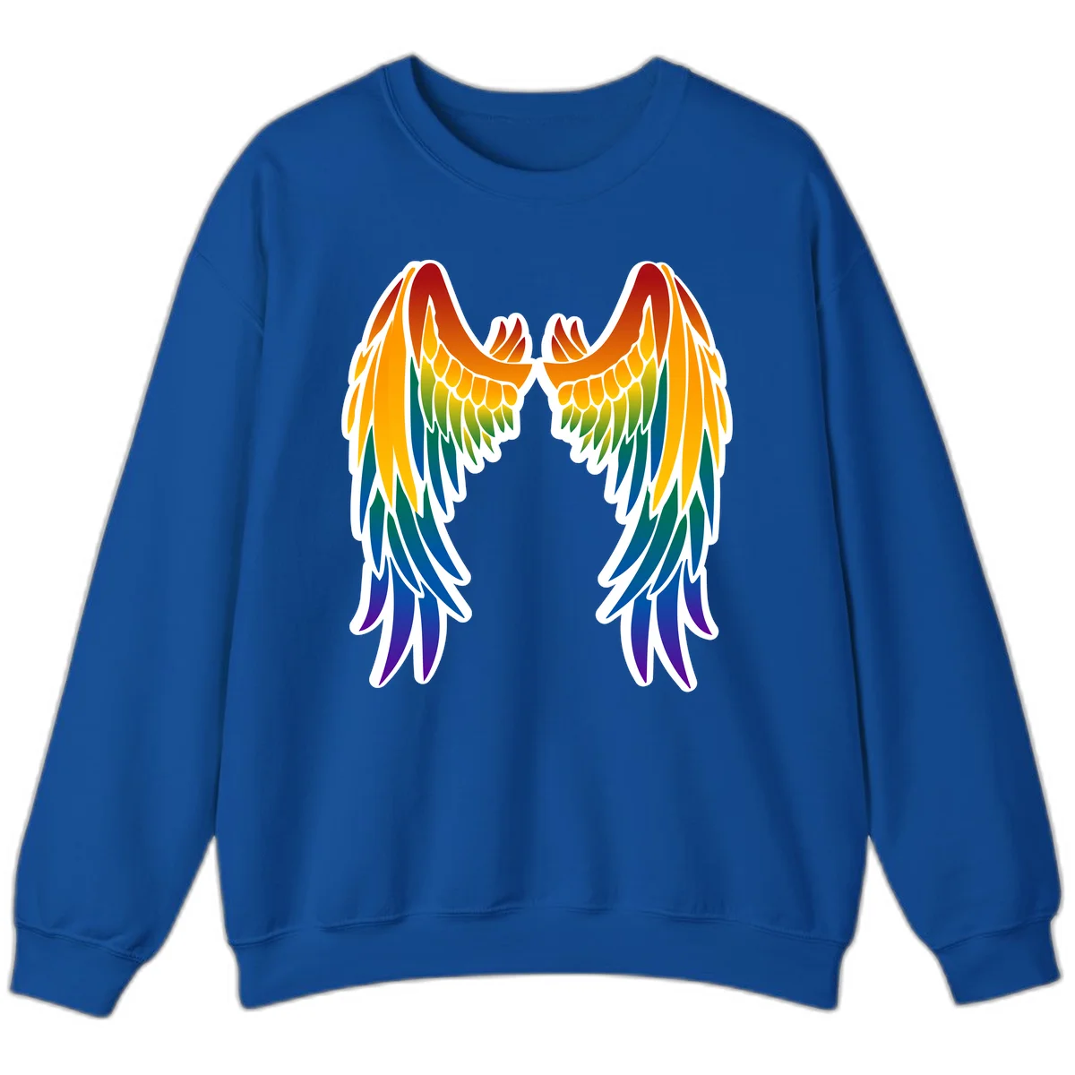 Symmetrical rainbow pride wings with feathered details in red, orange, yellow, green, teal, blue, and purple colors in Royal