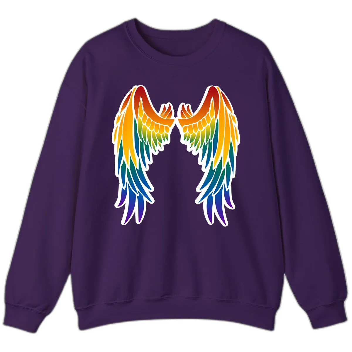 Symmetrical rainbow pride wings with feathered details in red, orange, yellow, green, teal, blue, and purple colors in Purple