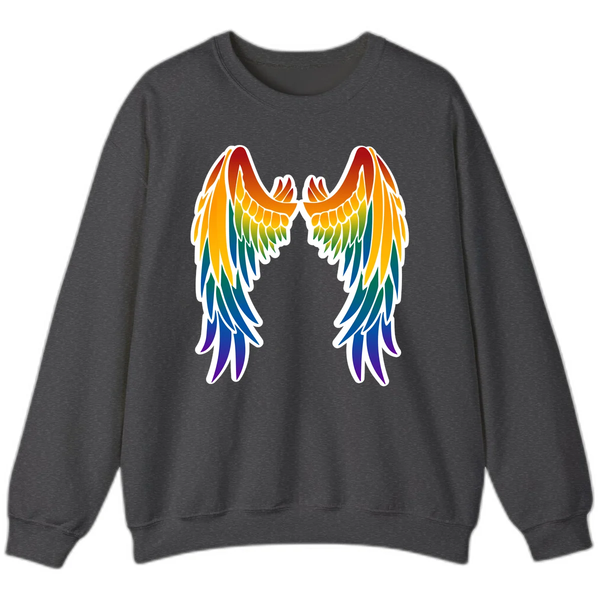 Symmetrical rainbow pride wings with feathered details in red, orange, yellow, green, teal, blue, and purple colors in Dark Heather