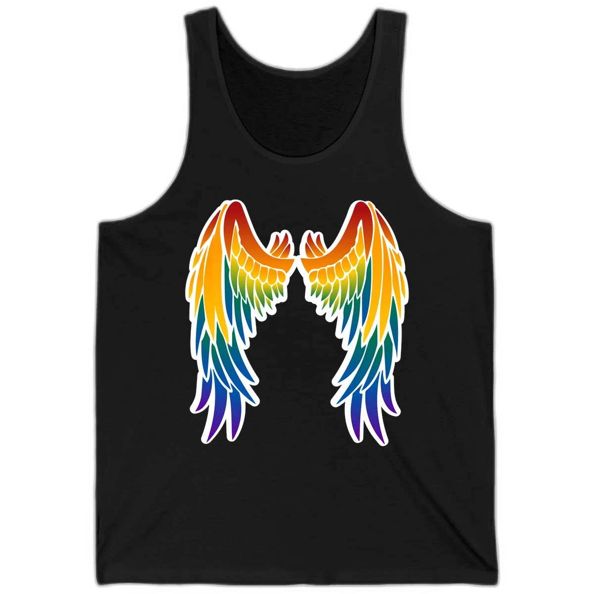 Symmetrical rainbow pride wings with feathered details in red, orange, yellow, green, teal, blue, and purple colors in Black