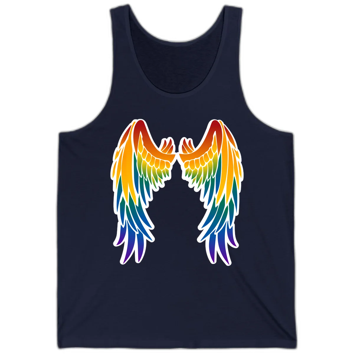 Symmetrical rainbow pride wings with feathered details in red, orange, yellow, green, teal, blue, and purple colors in Navy