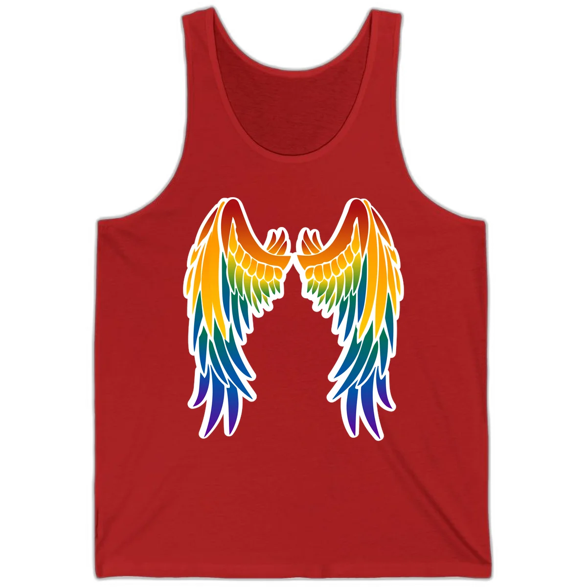 Symmetrical rainbow pride wings with feathered details in red, orange, yellow, green, teal, blue, and purple colors in Red