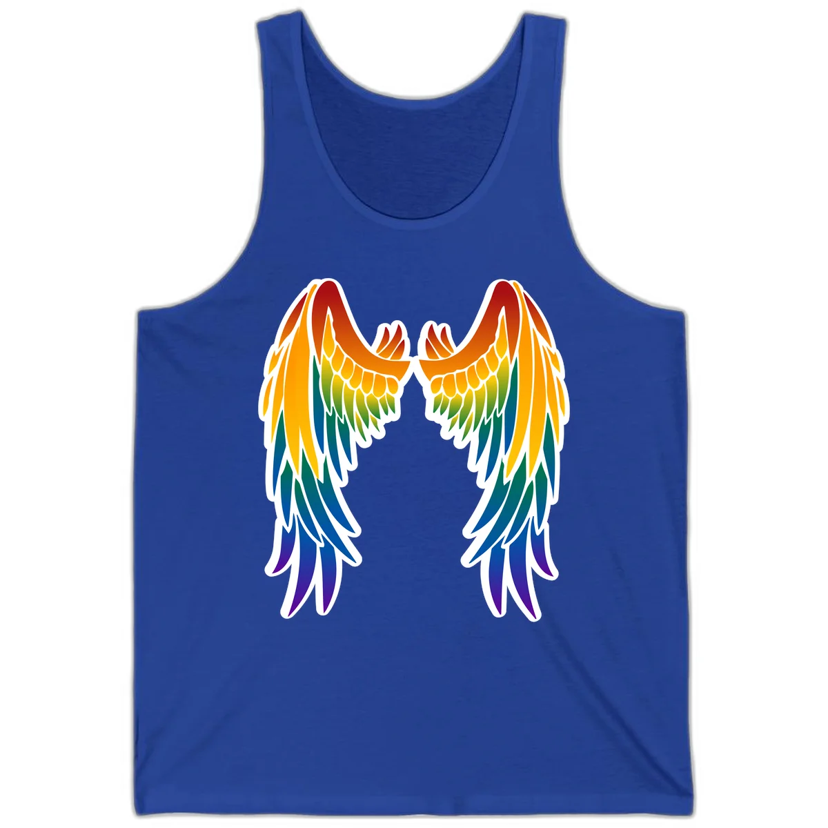 Symmetrical rainbow pride wings with feathered details in red, orange, yellow, green, teal, blue, and purple colors in True Royal