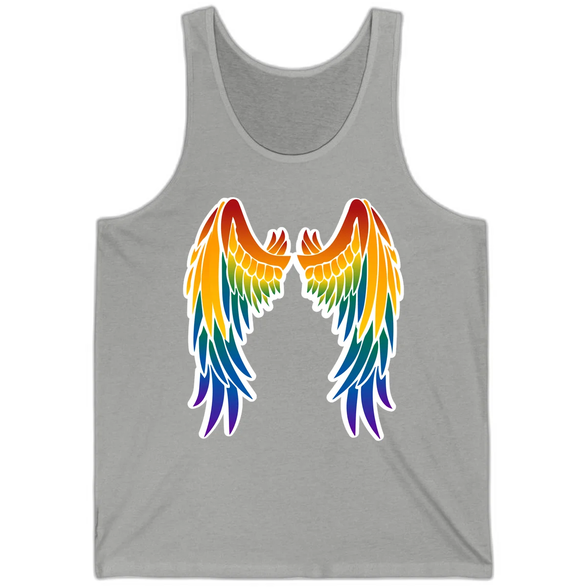 Symmetrical rainbow pride wings with feathered details in red, orange, yellow, green, teal, blue, and purple colors in Athletic Heather