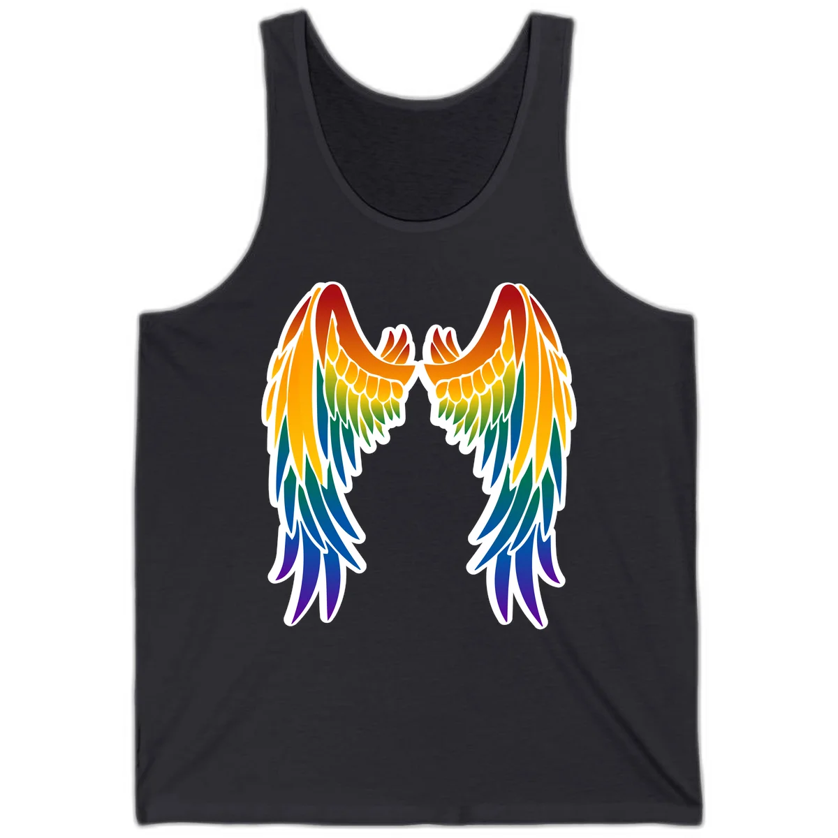 Symmetrical rainbow pride wings with feathered details in red, orange, yellow, green, teal, blue, and purple colors in Dark Grey