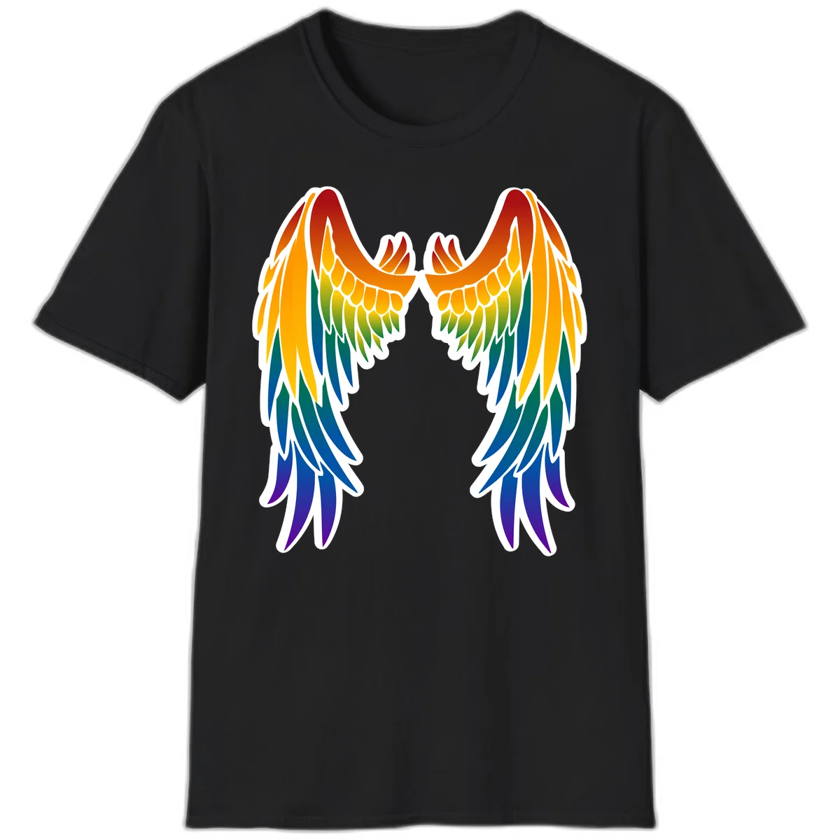Symmetrical rainbow pride wings with feathered details in red, orange, yellow, green, teal, blue, and purple colors in Black