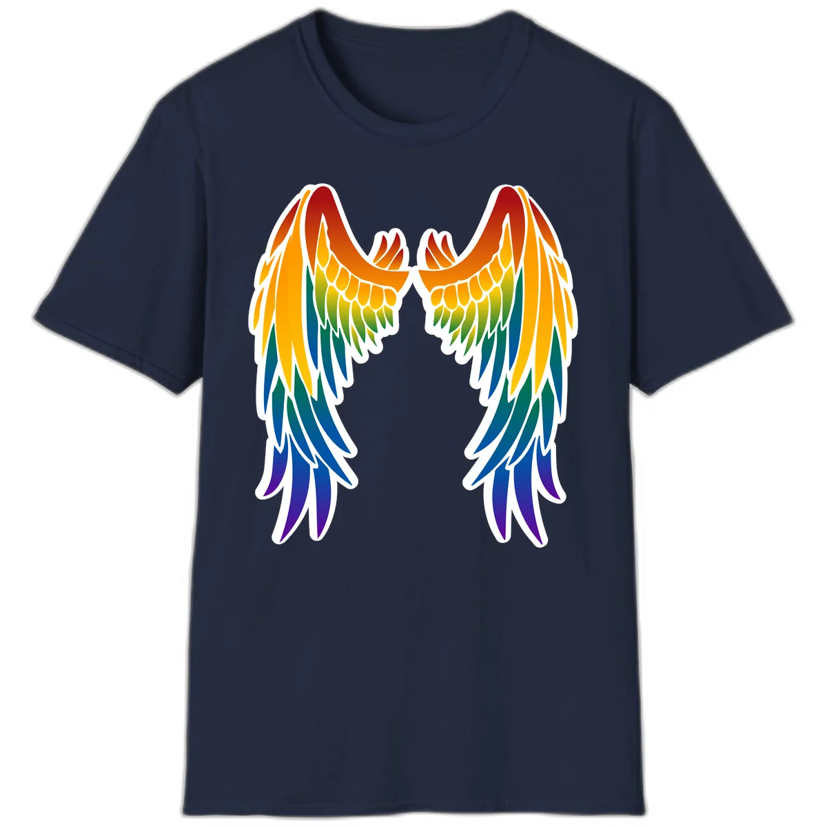 Symmetrical rainbow pride wings with feathered details in red, orange, yellow, green, teal, blue, and purple colors in Navy