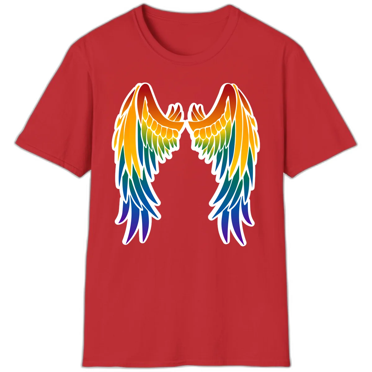 Symmetrical rainbow pride wings with feathered details in red, orange, yellow, green, teal, blue, and purple colors in Red
