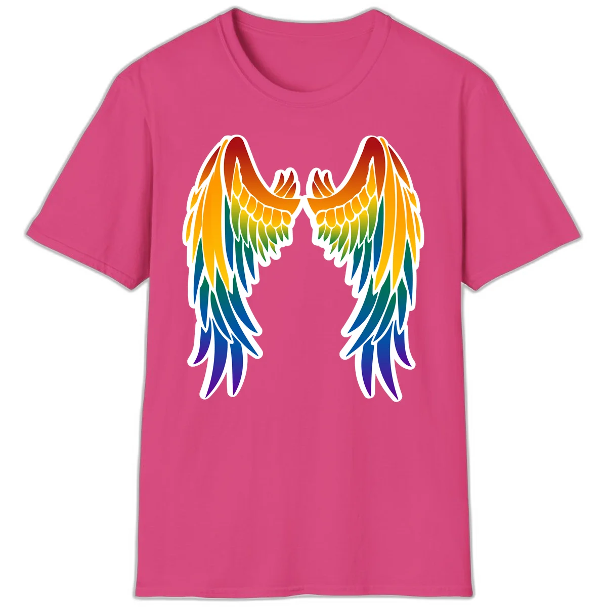 Symmetrical rainbow pride wings with feathered details in red, orange, yellow, green, teal, blue, and purple colors in Heliconia