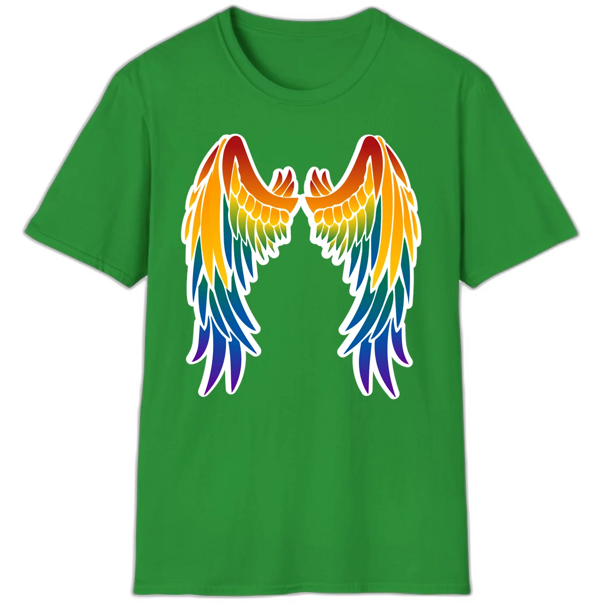 Symmetrical rainbow pride wings with feathered details in red, orange, yellow, green, teal, blue, and purple colors in Irish Green