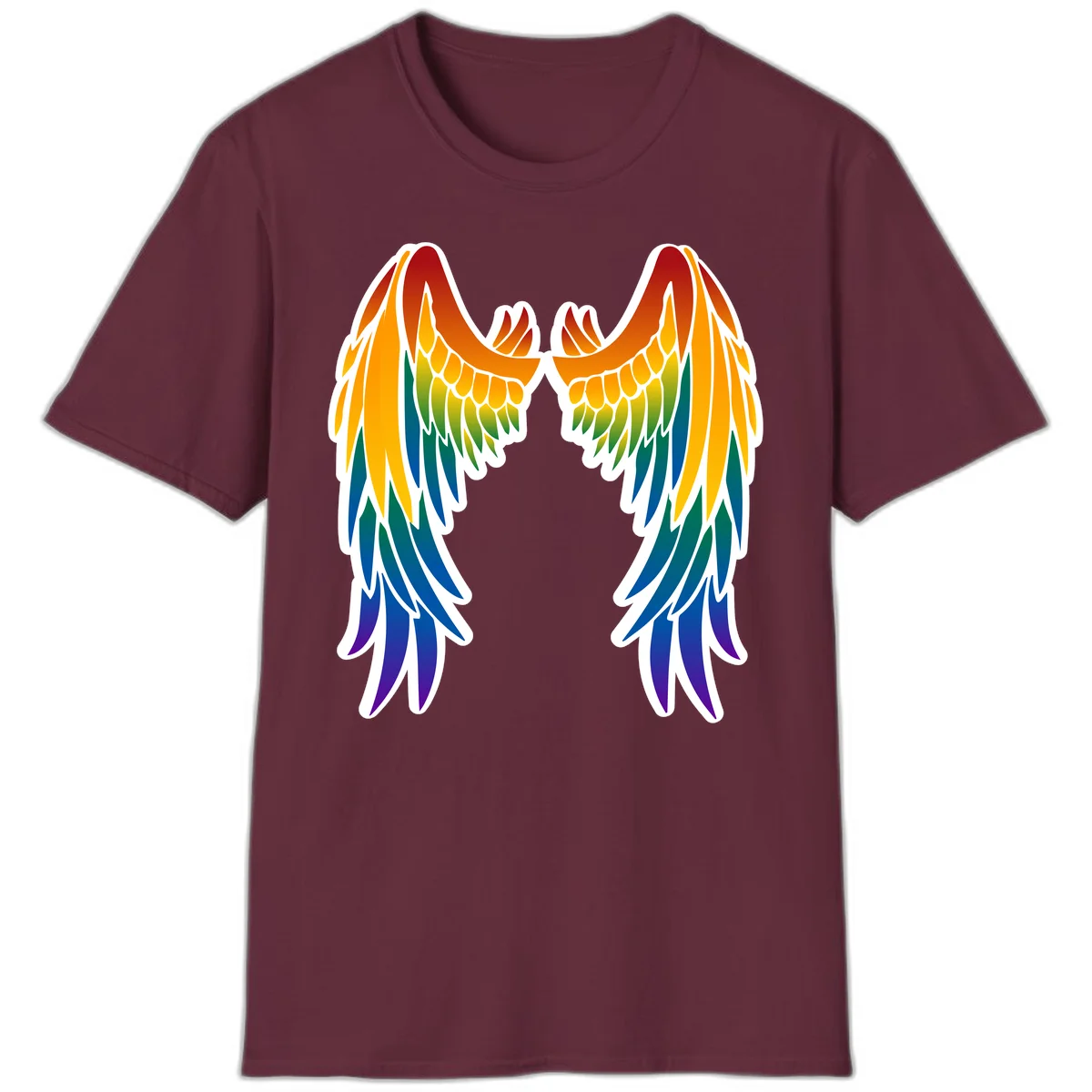 Symmetrical rainbow pride wings with feathered details in red, orange, yellow, green, teal, blue, and purple colors in Maroon